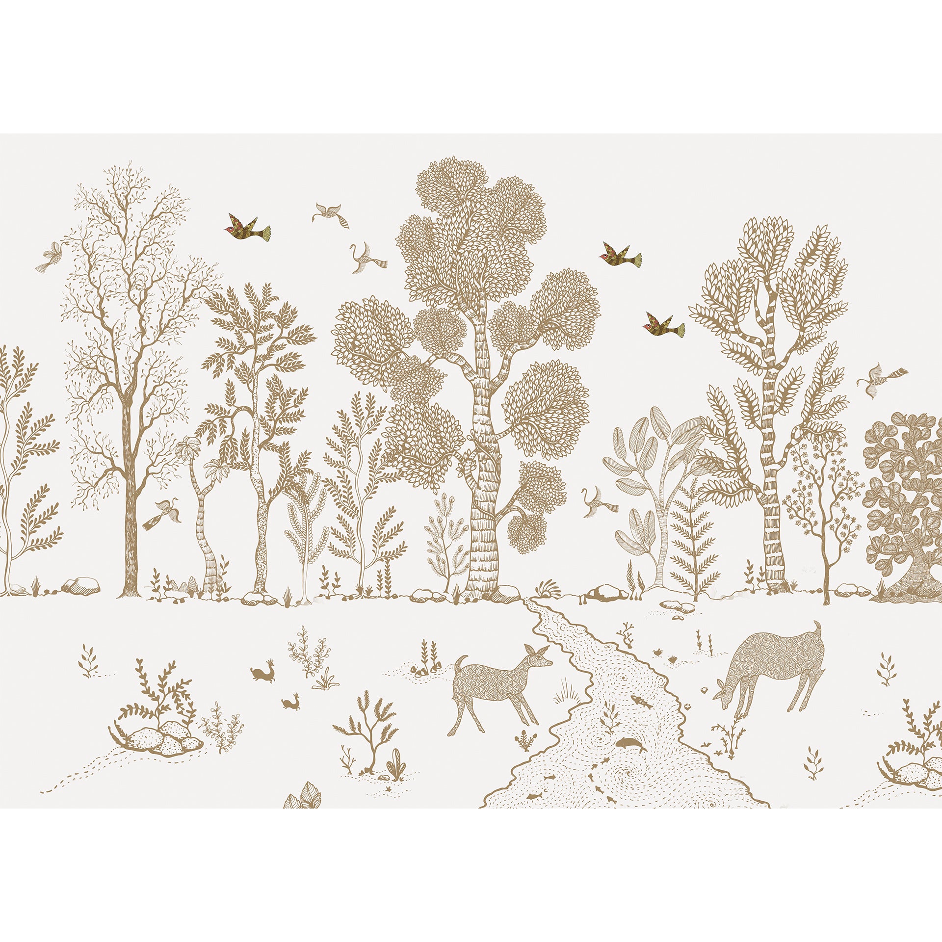 Subtle Embrace-Intricate Line Art Illustration of Nature with Trees, Animals, and Birds