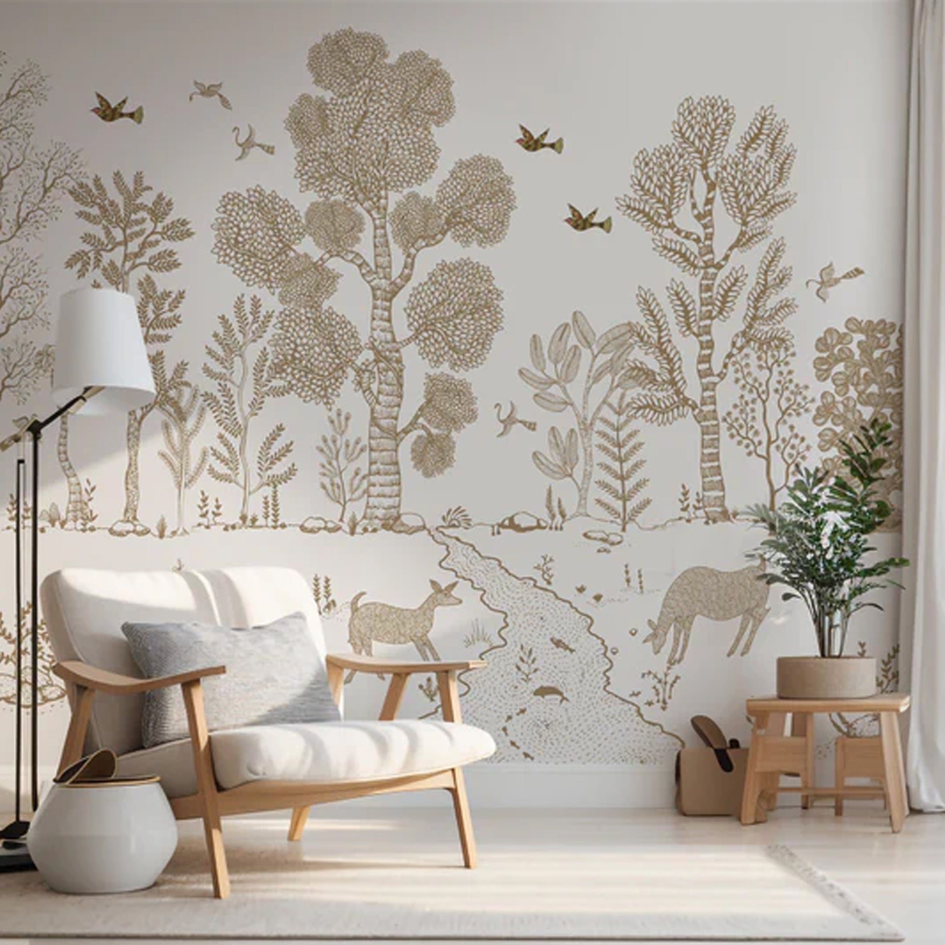 Subtle Embrace-Intricate Line Art Illustration of Nature with Trees, Animals, and Birds