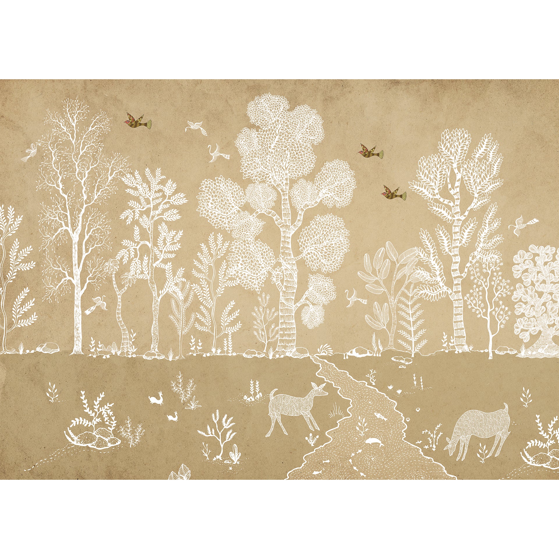 Subtle Embrace Colorway-Intricate Line Art Illustration of Nature with Trees, Animals, and Birds