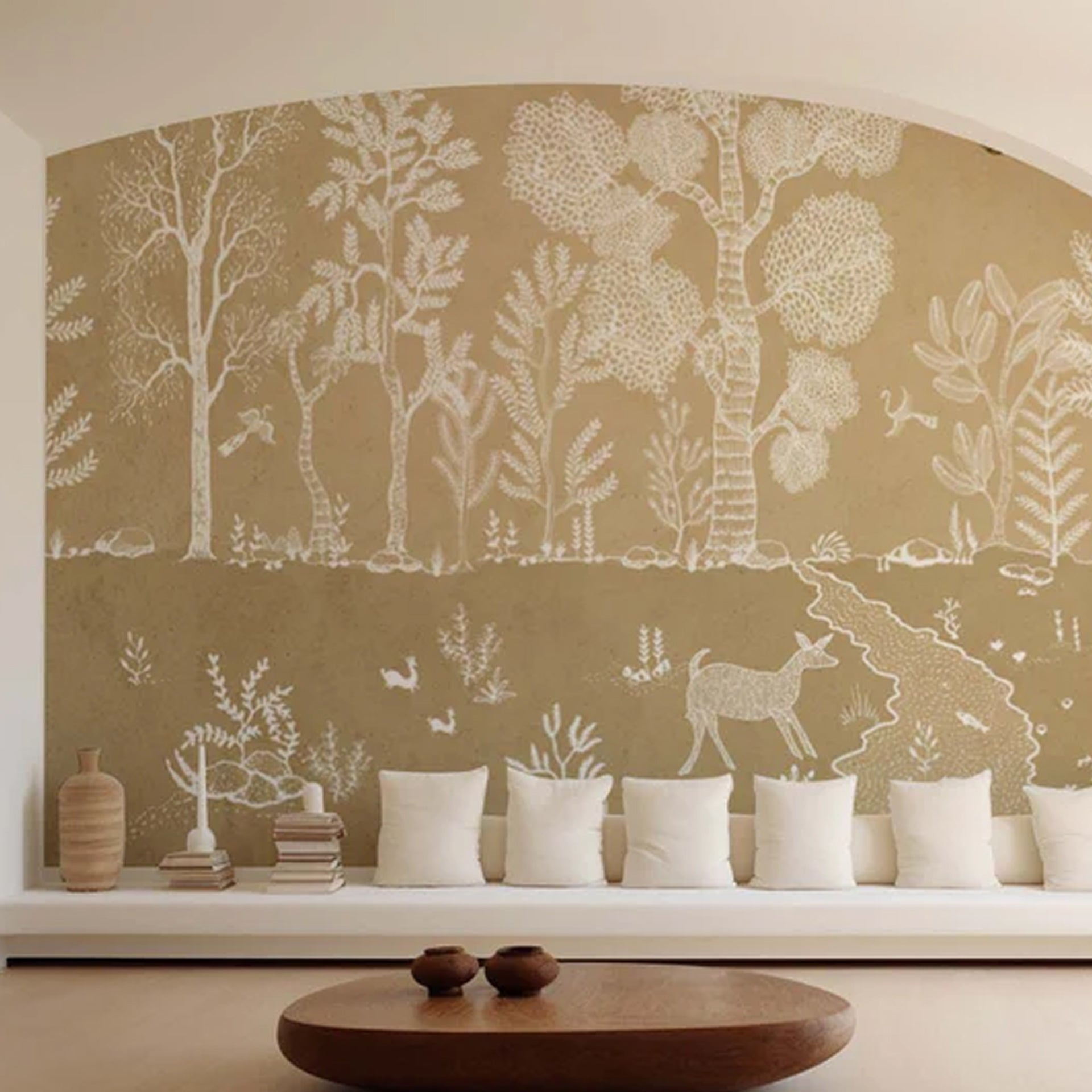Subtle Embrace Colorway-Intricate Line Art Illustration of Nature with Trees, Animals, and Birds