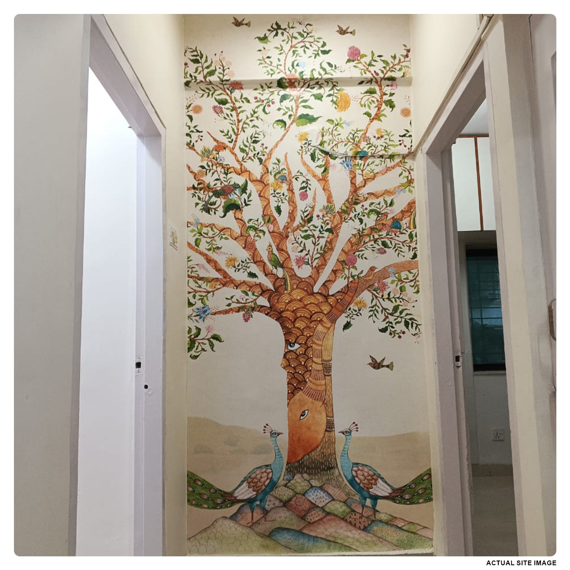Gentle Guardians-Whimsical Artistic Tree Illustration with Peacocks and Floral Designs