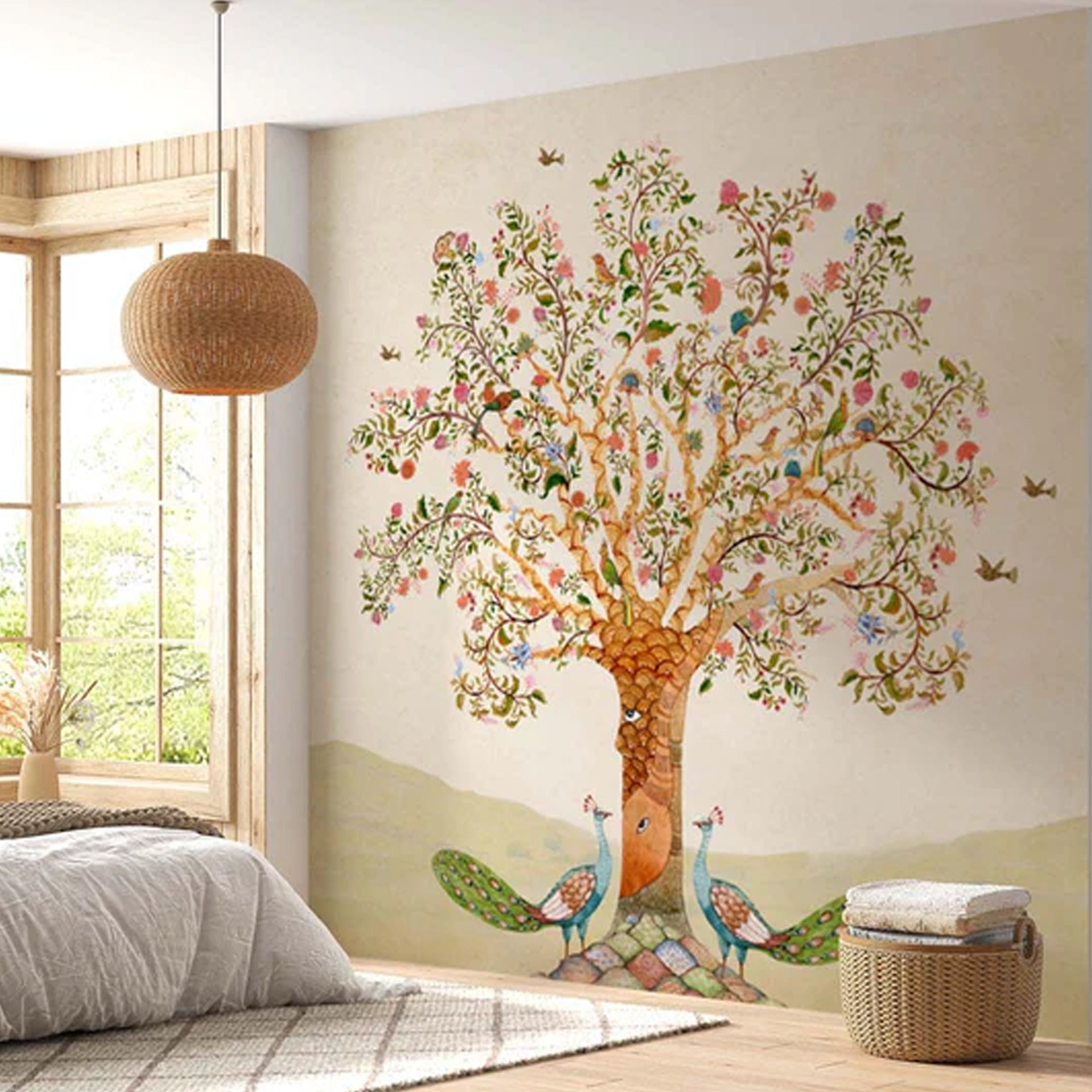Gentle Guardians-Whimsical Artistic Tree Illustration with Peacocks and Floral Designs