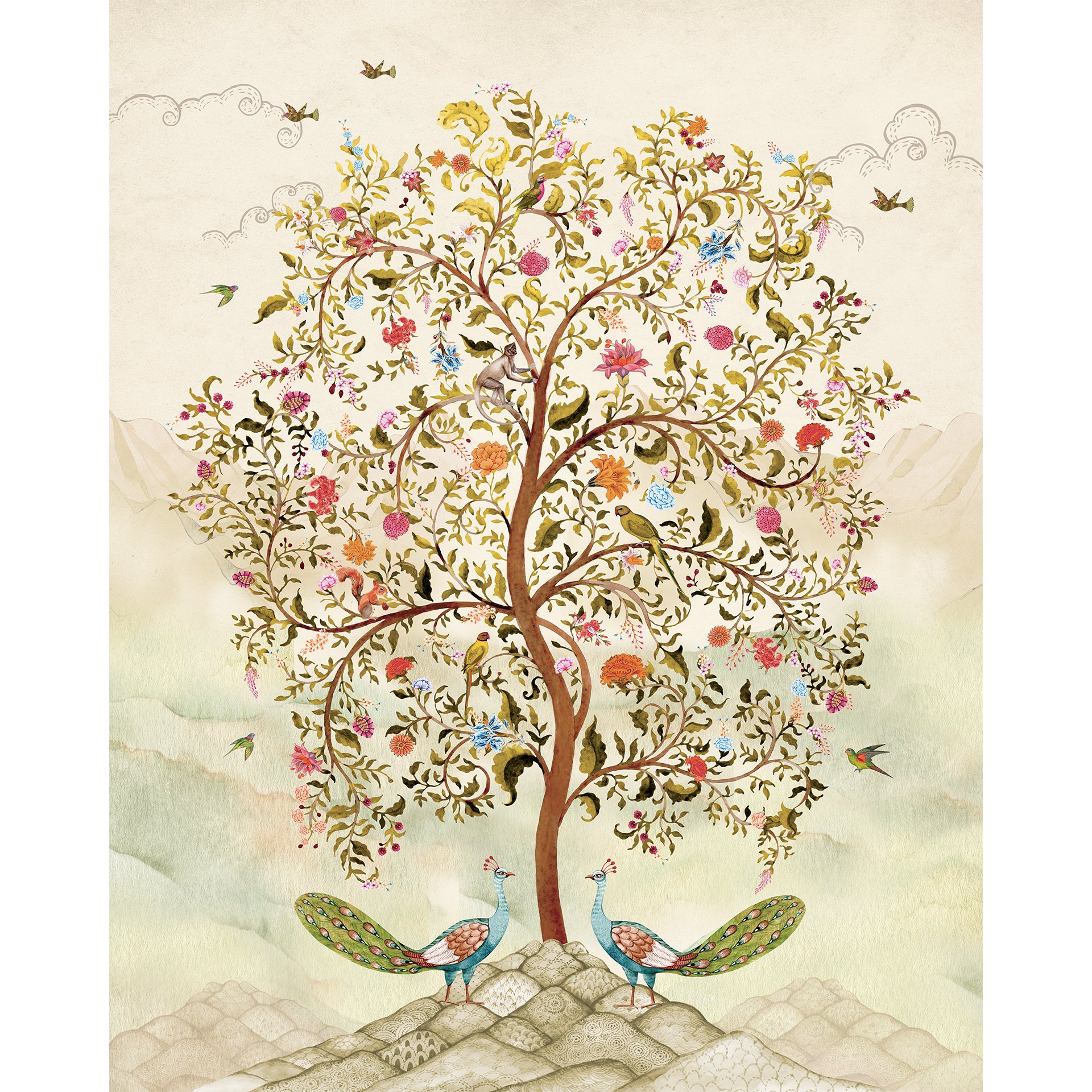 Tree of Wonders-Elegant Tree Illustration with Peacocks and Decorative Floral Pattern