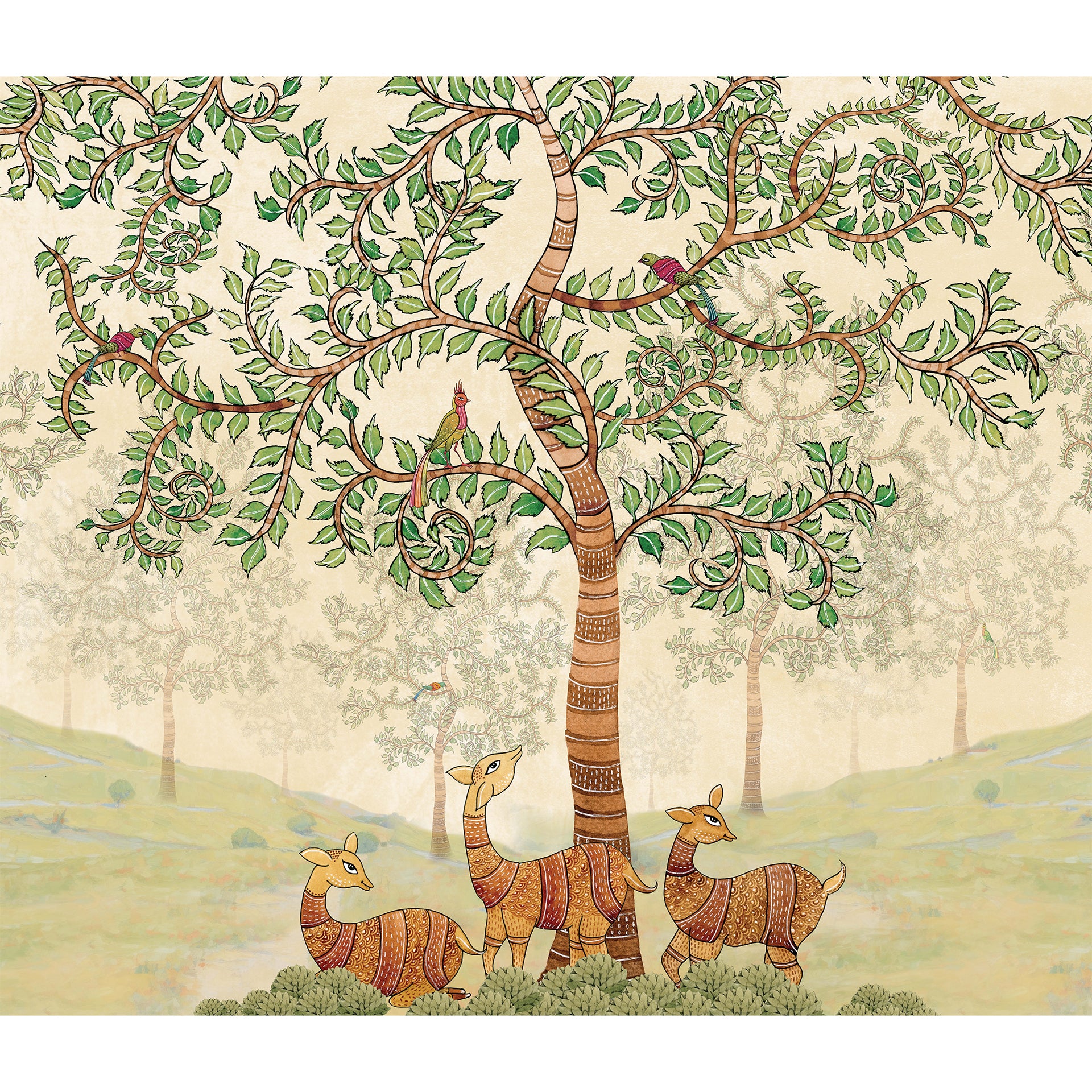 Serene Shelter-Colorful Artistic Illustration of Animals and a Tree with Vibrant Floral Design