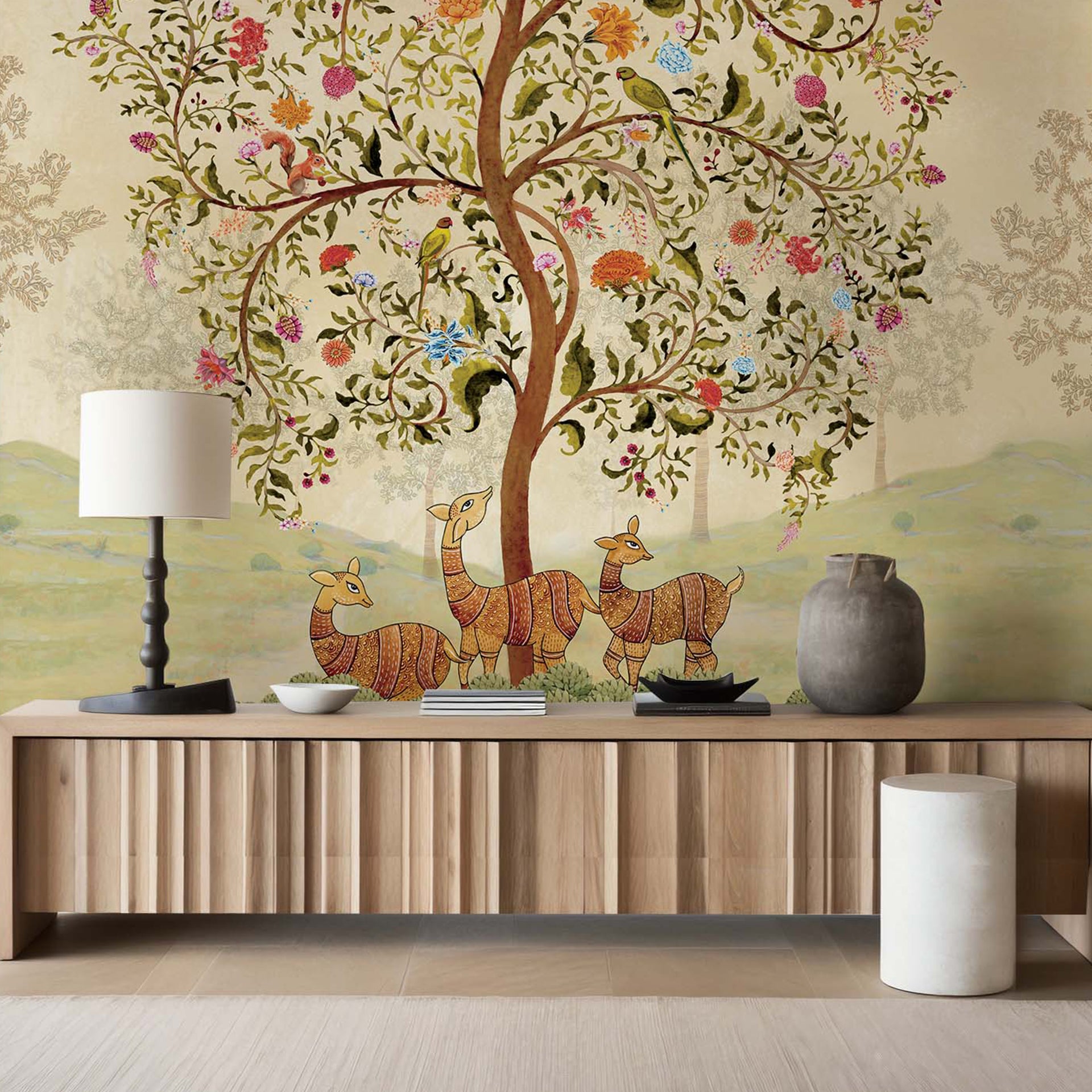 Serene Shelter-Colorful Artistic Illustration of Animals and a Tree with Vibrant Floral Design