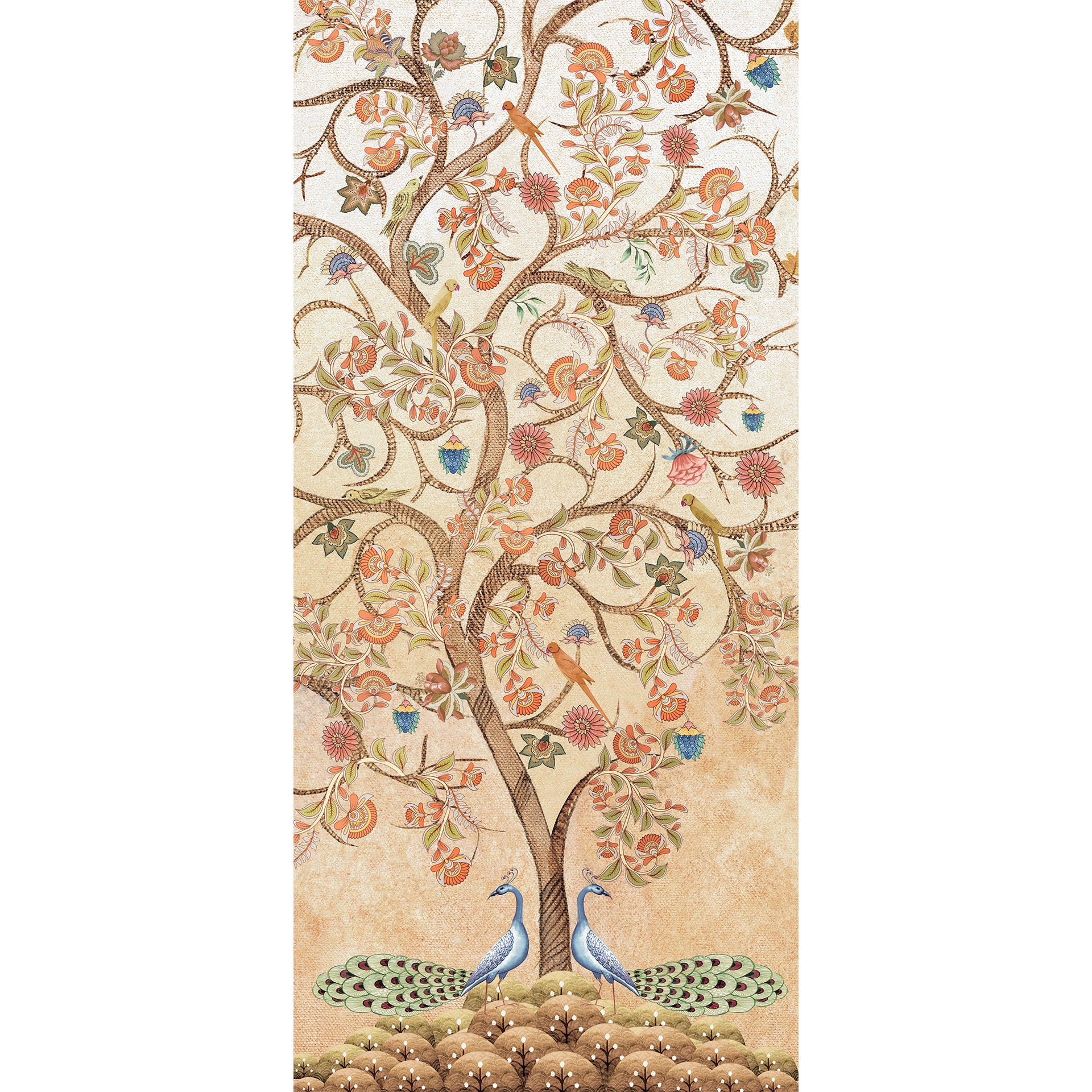 Art of Growth-Elegant Hand-Drawn Tree with Two Peacocks and Flowering Branches