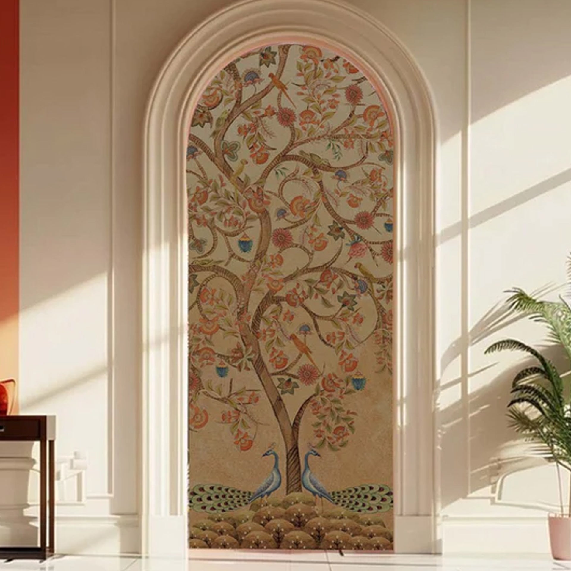 Art of Growth-Elegant Hand-Drawn Tree with Two Peacocks and Flowering Branches