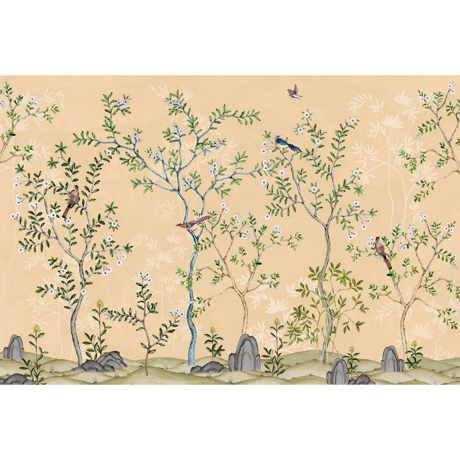 Elegant Hand-Painted Nature Scene with Trees, Birds, and Floral Design