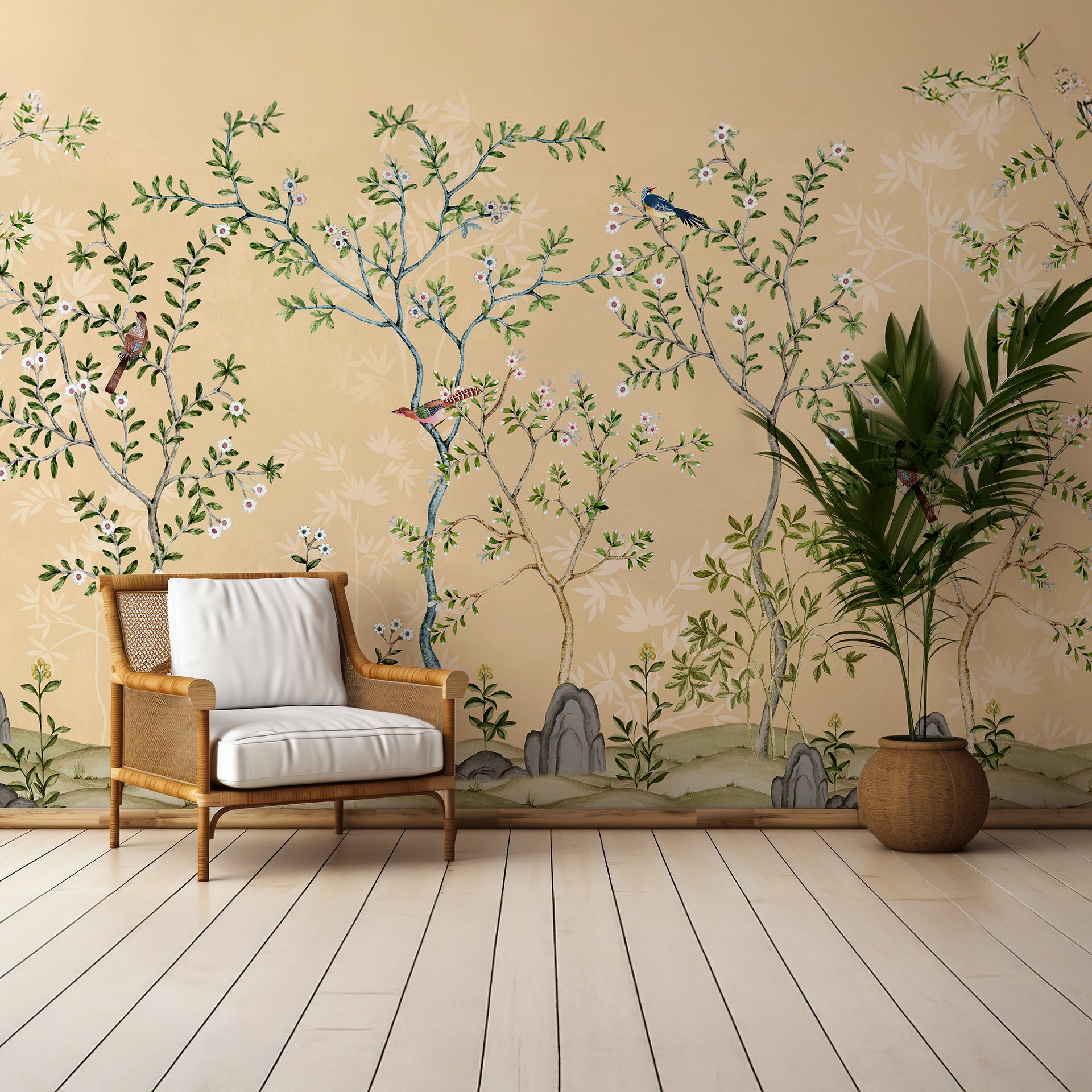 Elegant Hand-Painted Nature Scene with Trees, Birds, and Floral Design