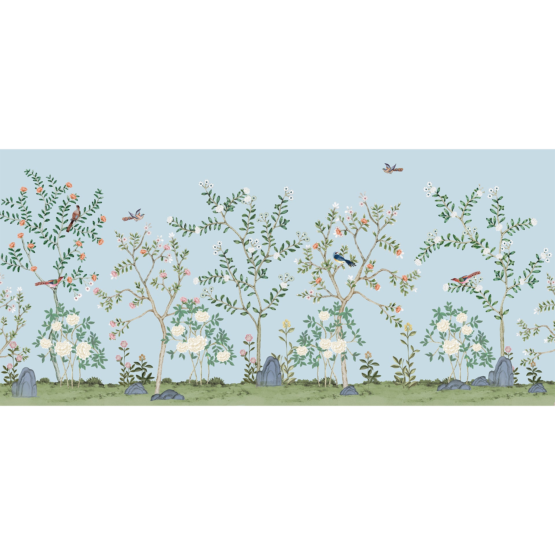 Elegant Botanical Illustration of Birds and Flowers with a Scenic Sky Background