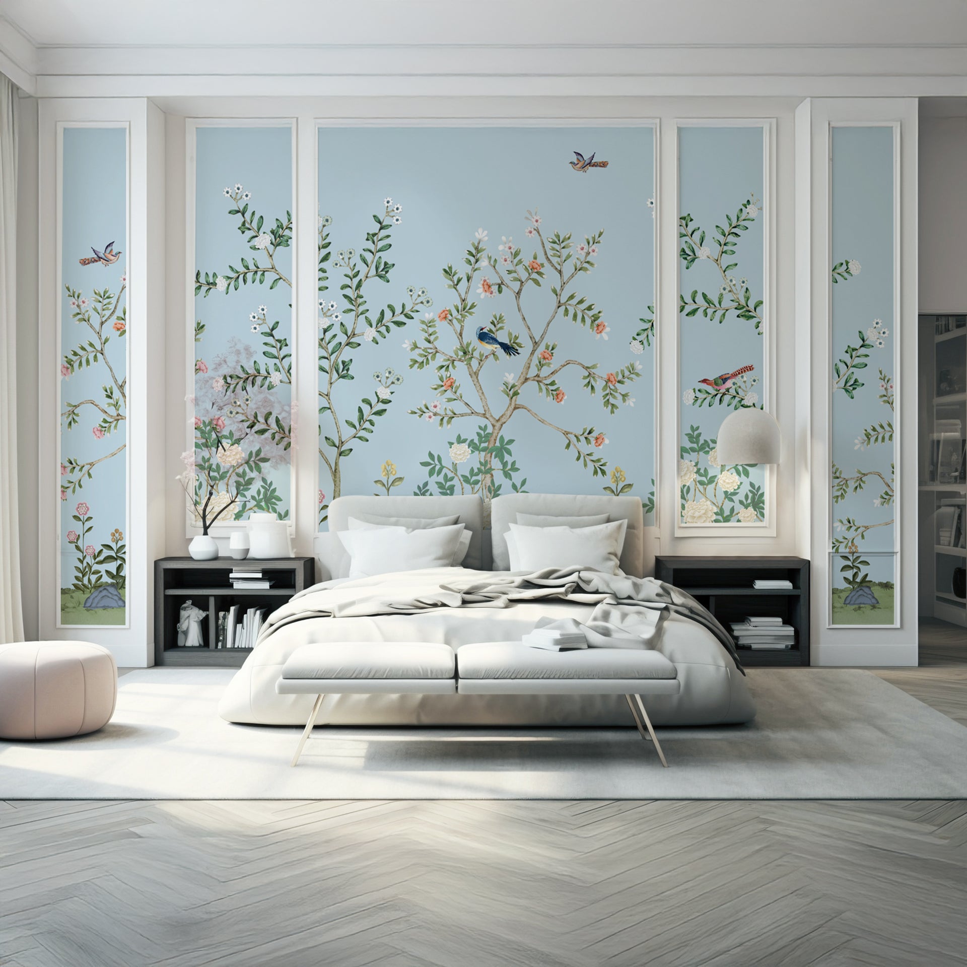 Elegant Botanical Illustration of Birds and Flowers with a Scenic Sky Background