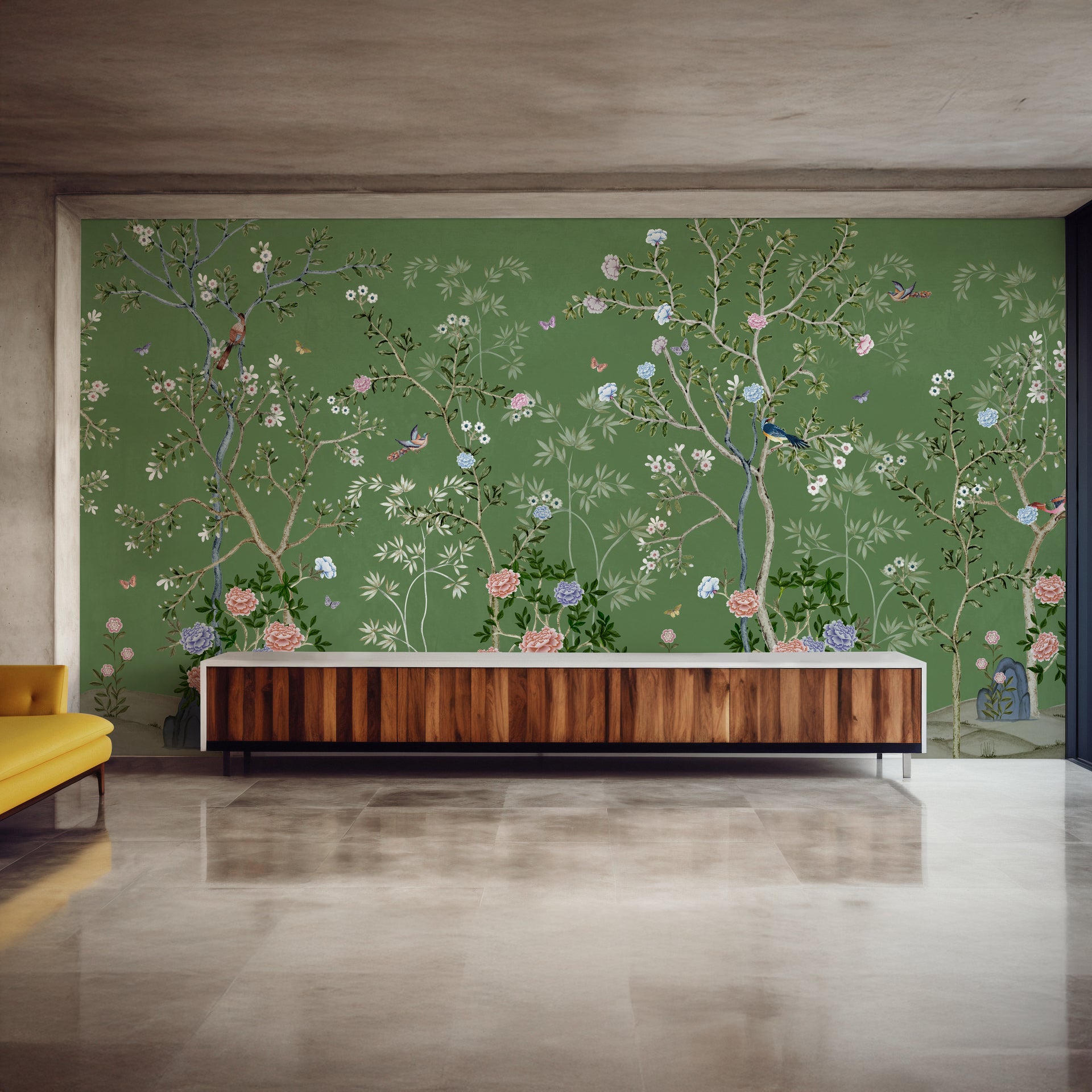 Elegant Green Wallpaper With Blossoming Trees and Flowers in Oriental Style