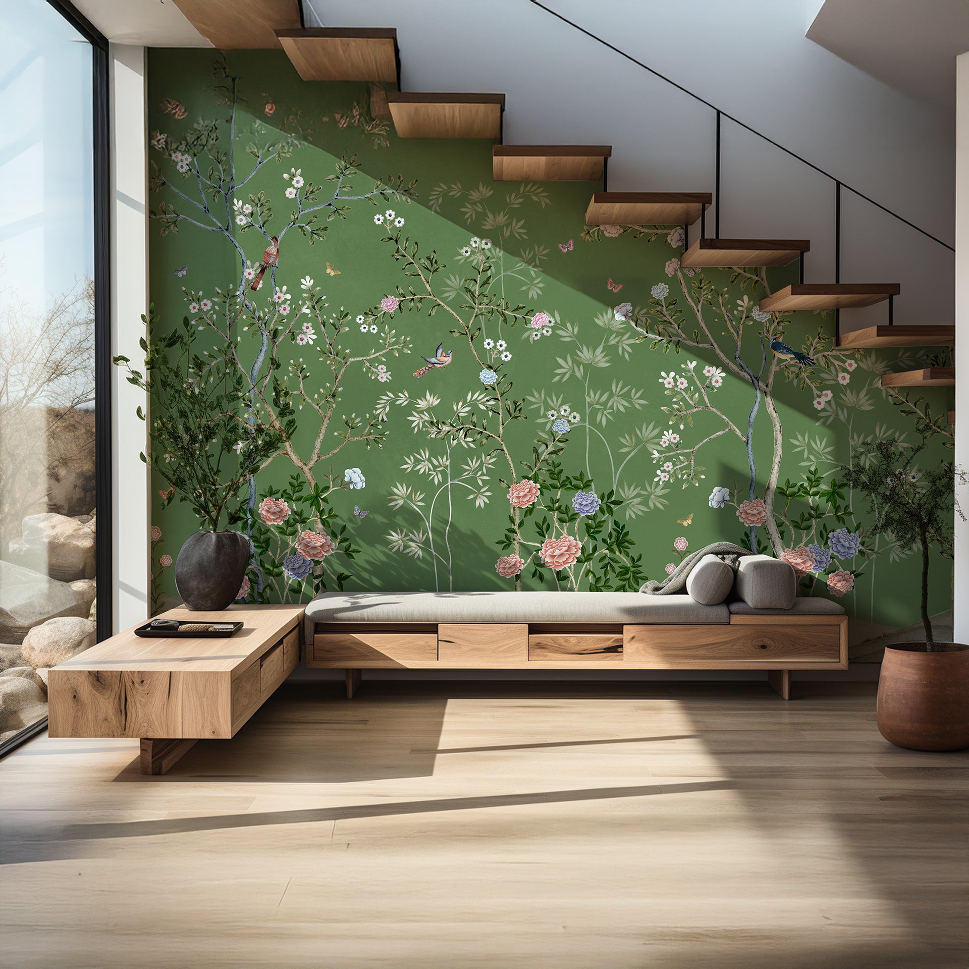 Elegant Green Wallpaper With Blossoming Trees and Flowers in Oriental Style