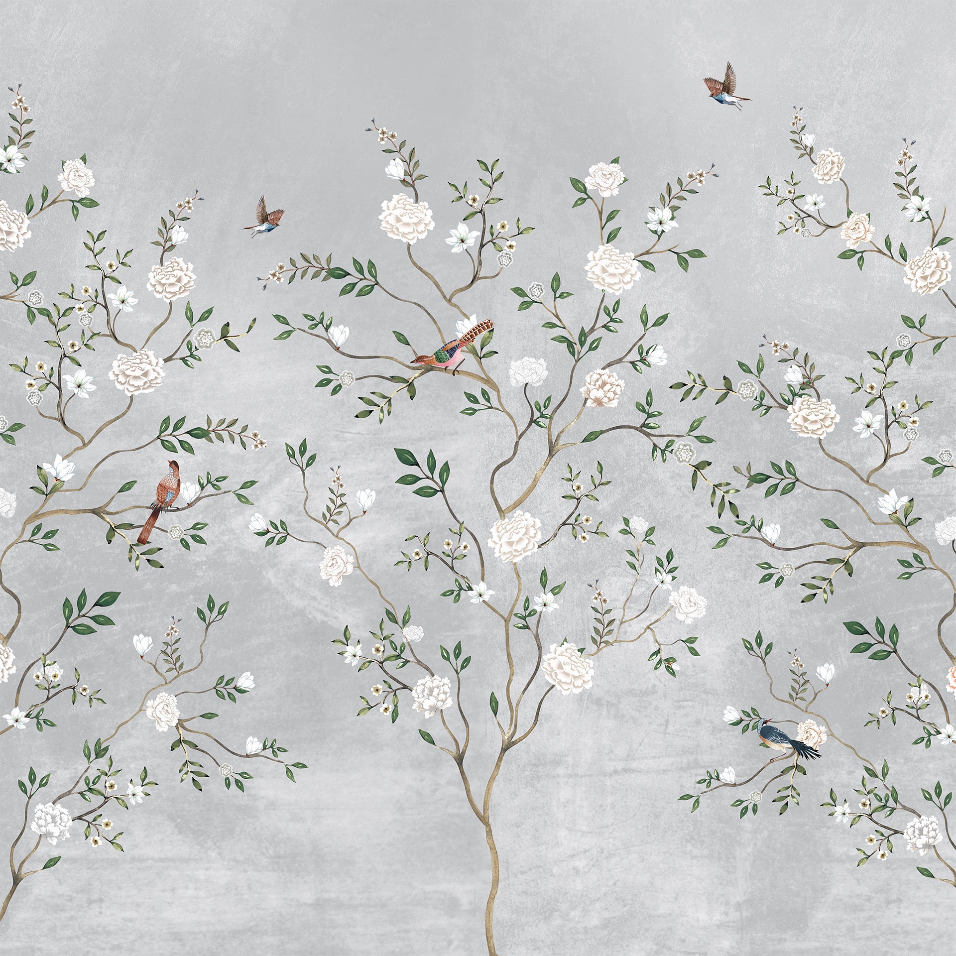 Elegant Floral Pattern with Birds on a Soft Gray Background