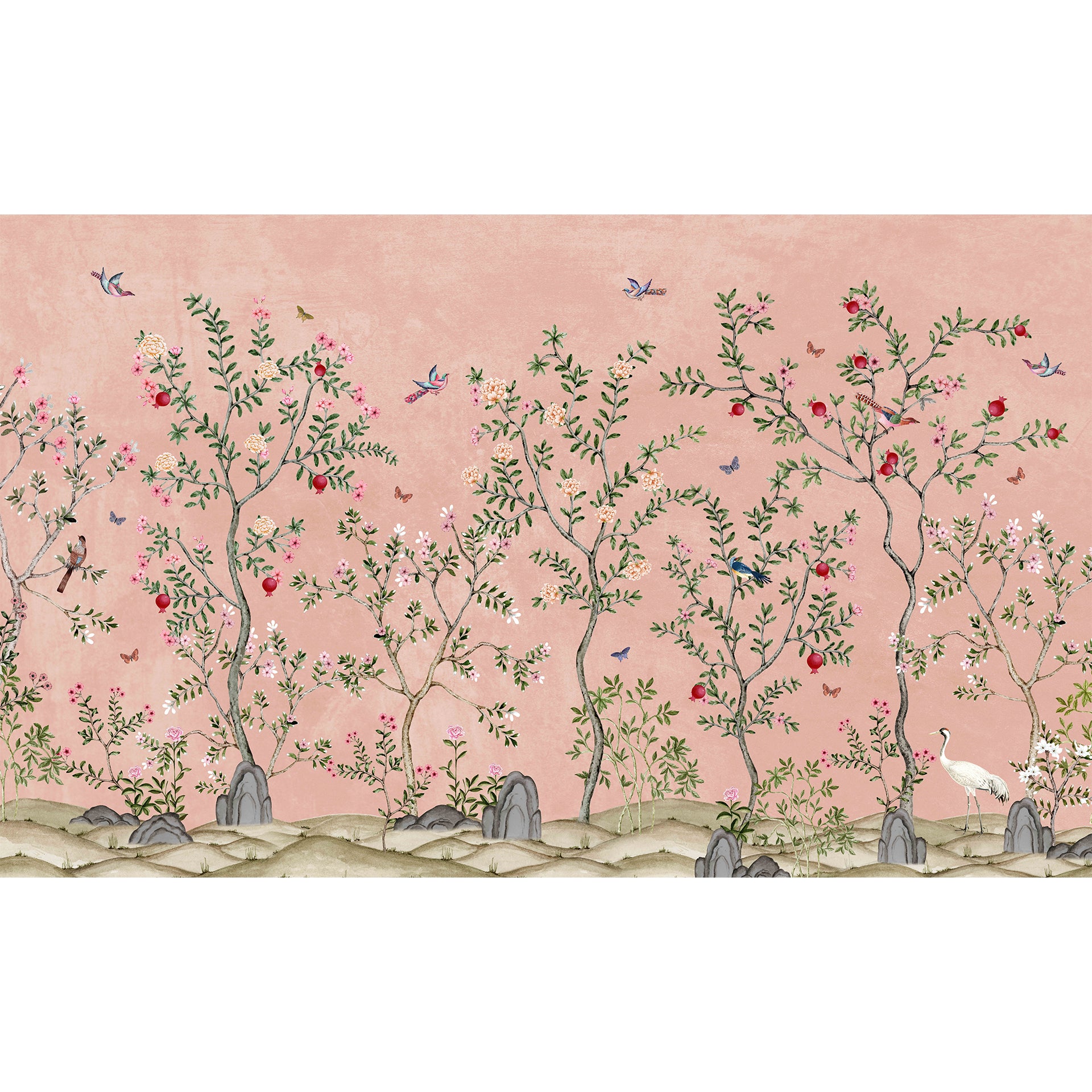 Elegant Artistic Style Depiction of Blooming Trees with Birds and Flowers