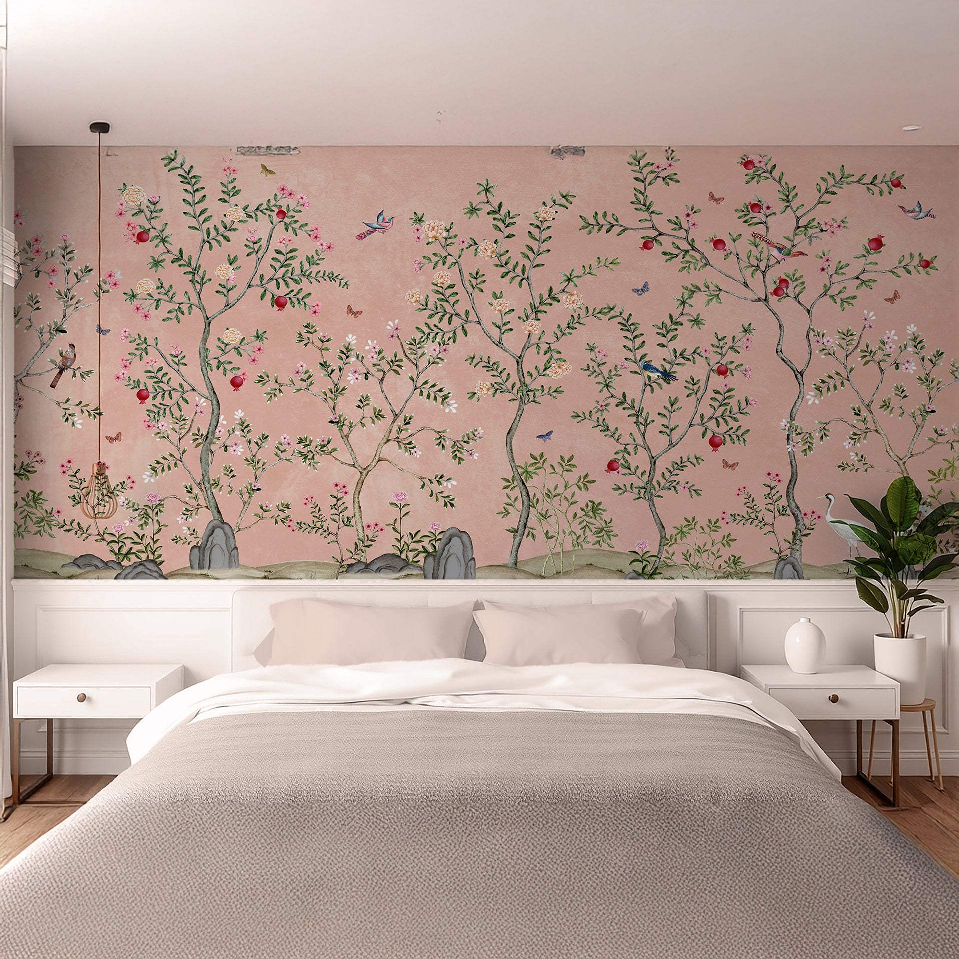 Elegant Artistic Style Depiction of Blooming Trees with Birds and Flowers