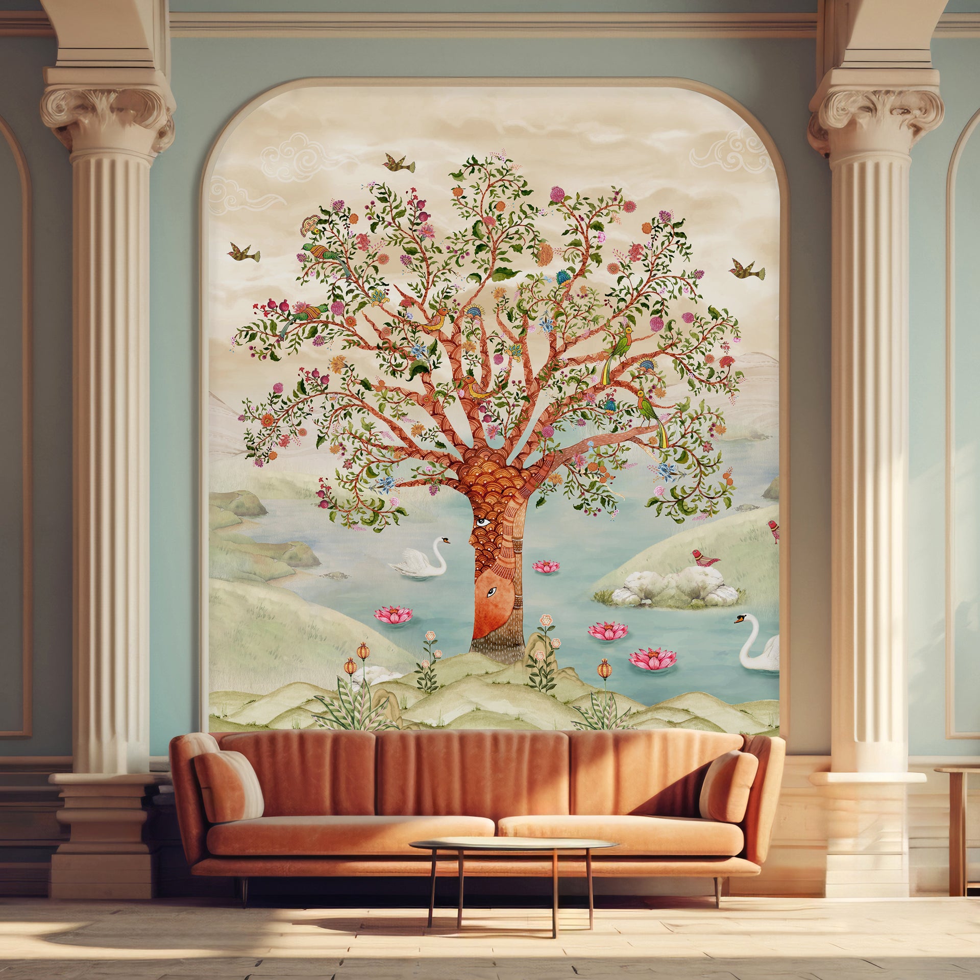 Gond Wish Tree of Life Illustration with Birds, Flowers, and Scenic Waterscape