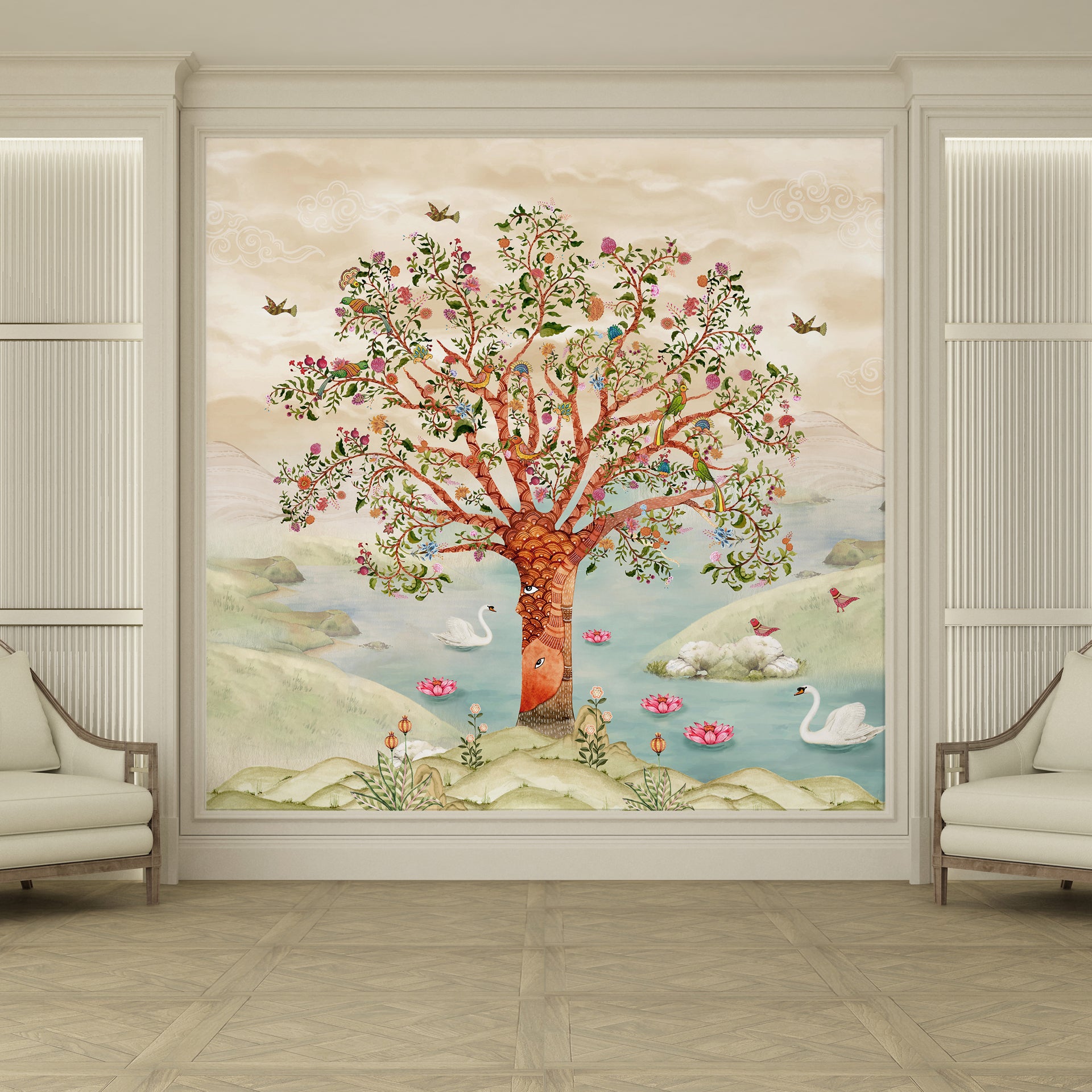 Gond Wish Tree of Life Illustration with Birds, Flowers, and Scenic Waterscape