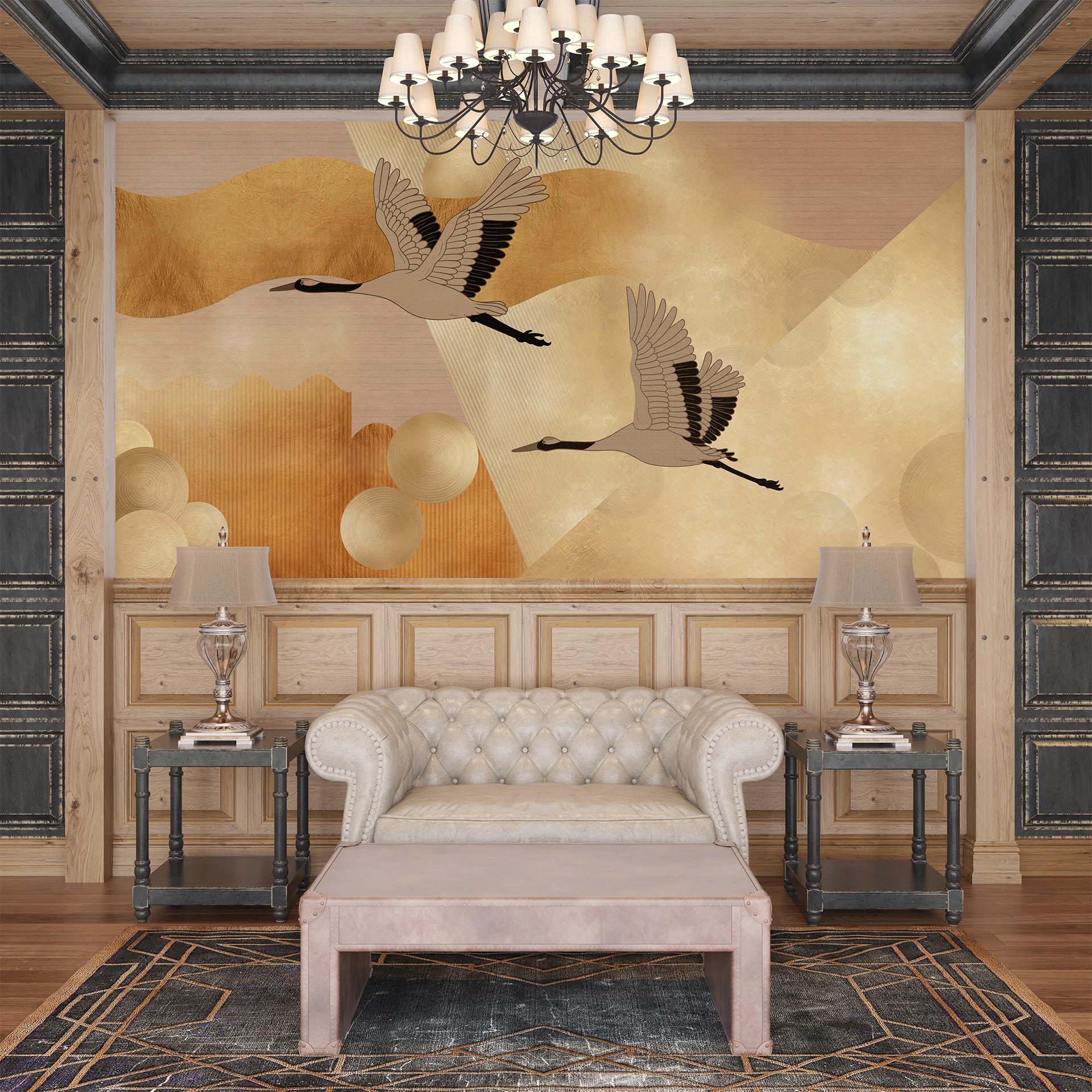 Elegant Cranes Flying Over Abstract Golden Canvas with Textured Patterns