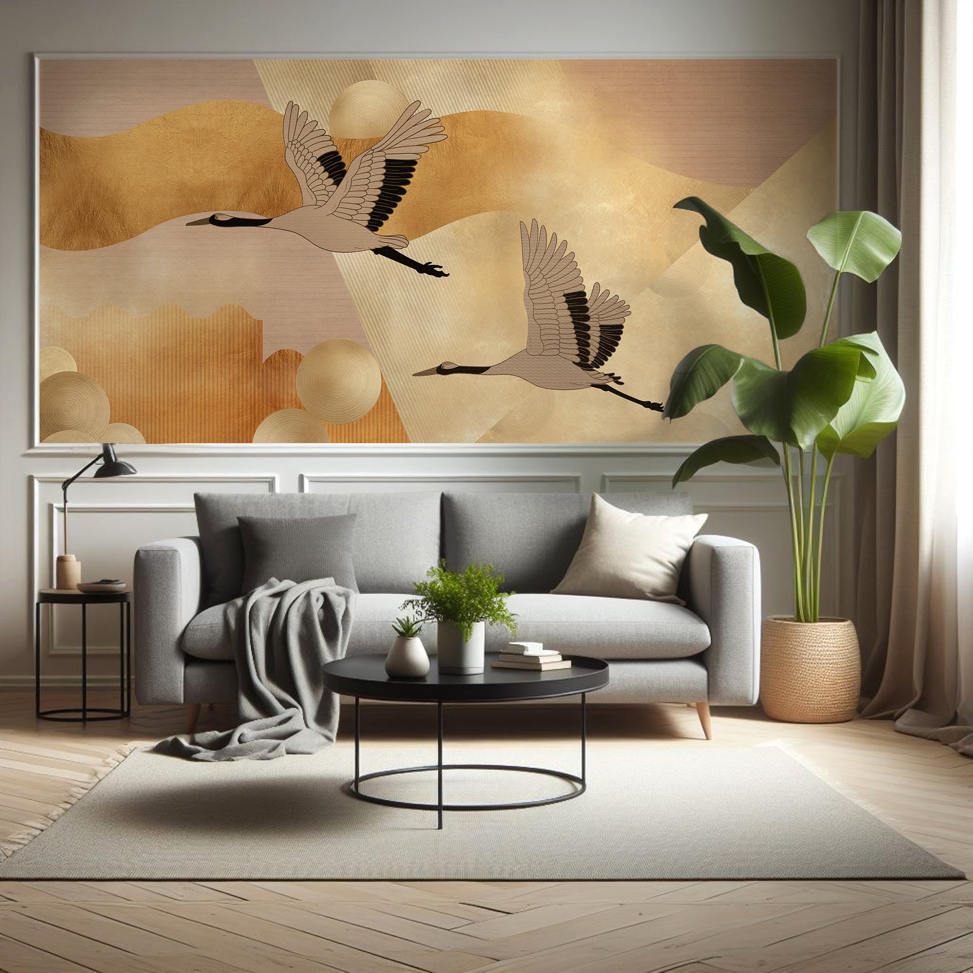 Elegant Cranes Flying Over Abstract Golden Canvas with Textured Patterns