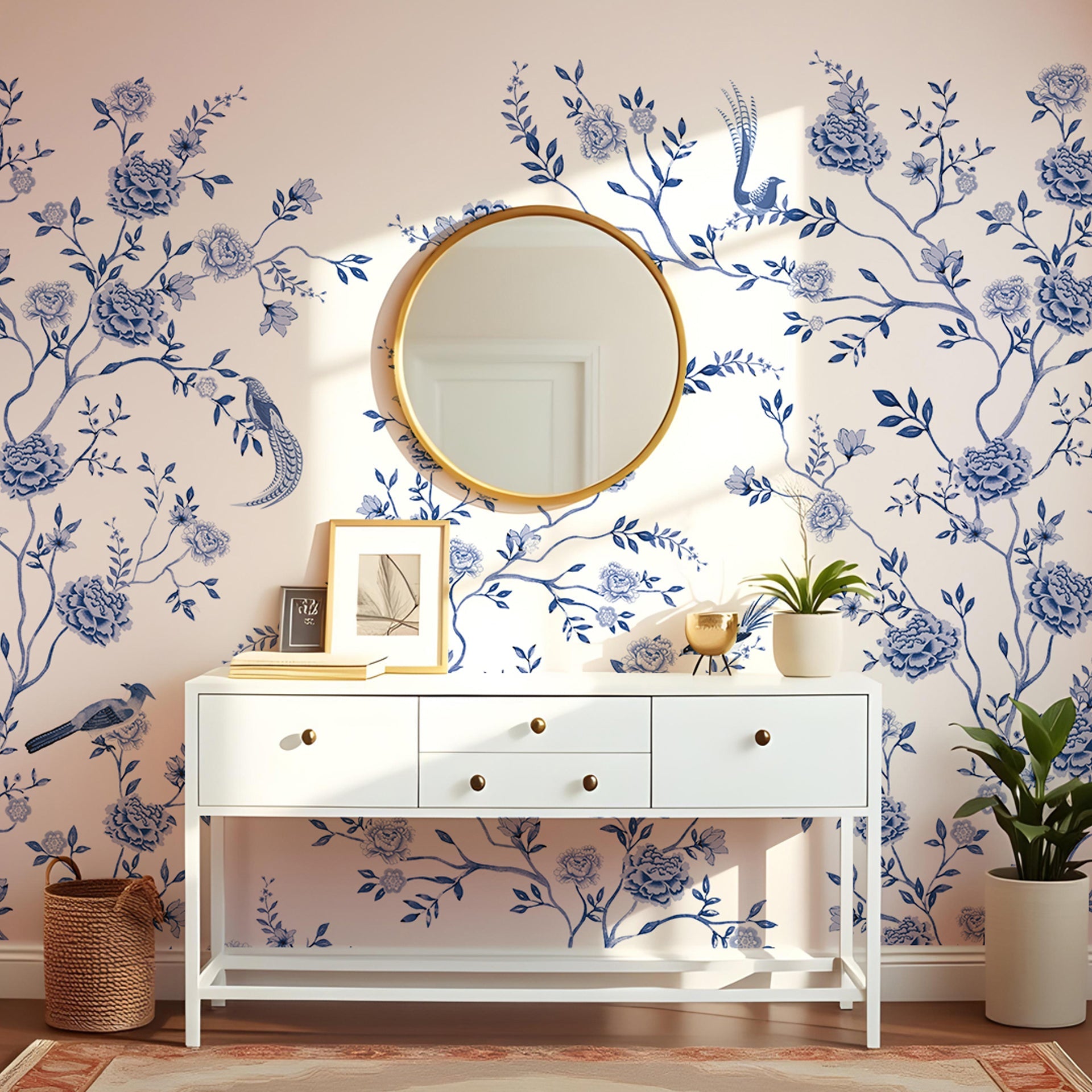 Blue Chinoiserie Garden: Elegant Blue Floral And Bird Pattern Wallpapers