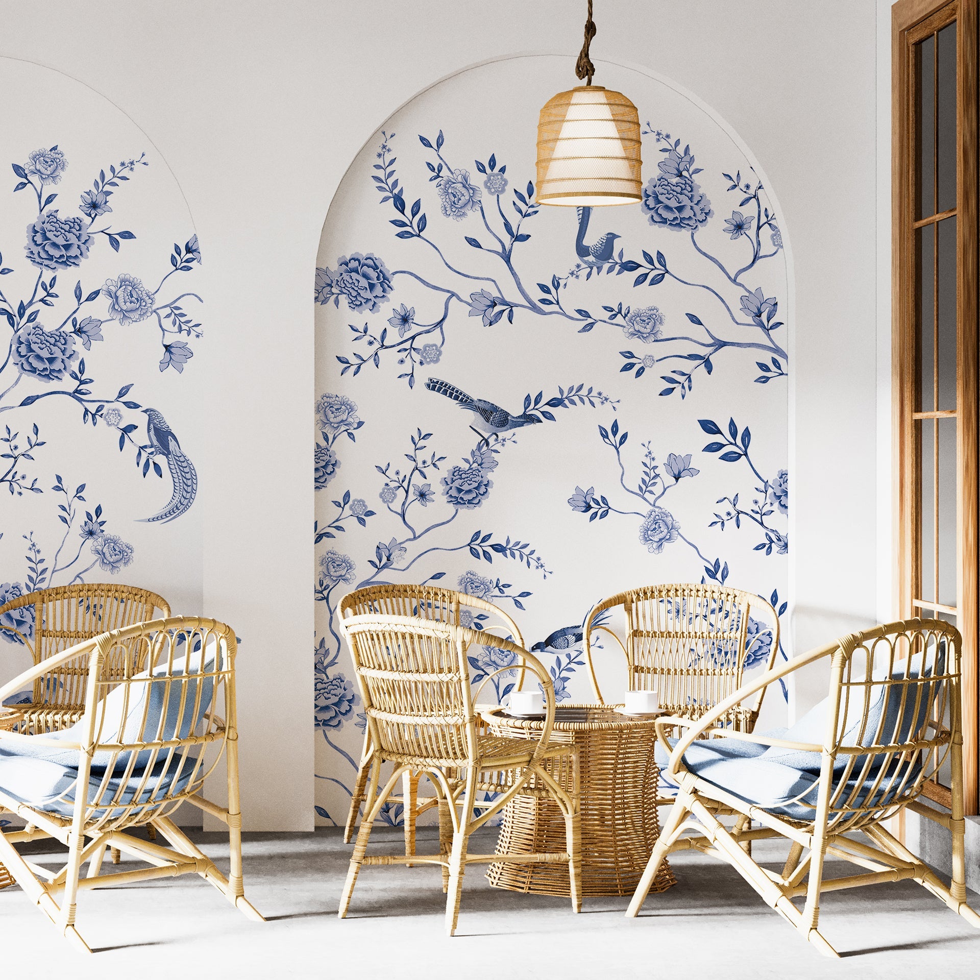 Blue Chinoiserie Garden: Elegant Blue Floral And Bird Pattern Wallpapers