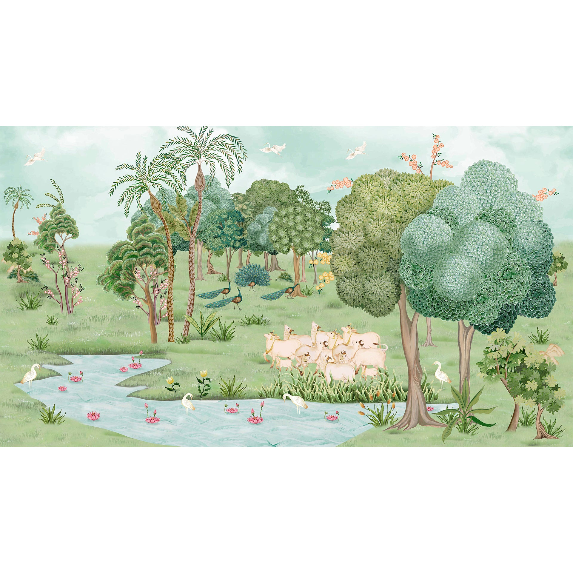 Pichwai Stream: Idyllic Pichwai Featuring Animals, Trees, and a Serene Flowing Stream