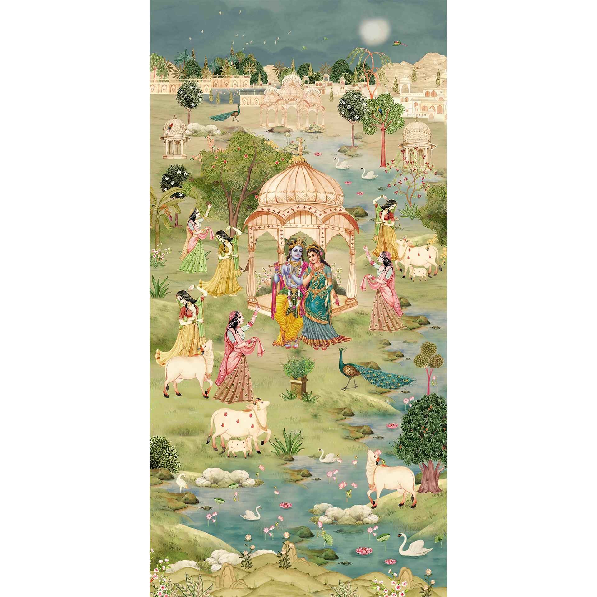 Radha Krishna: Krishna with Radha and Gopis in serene Vrindavan