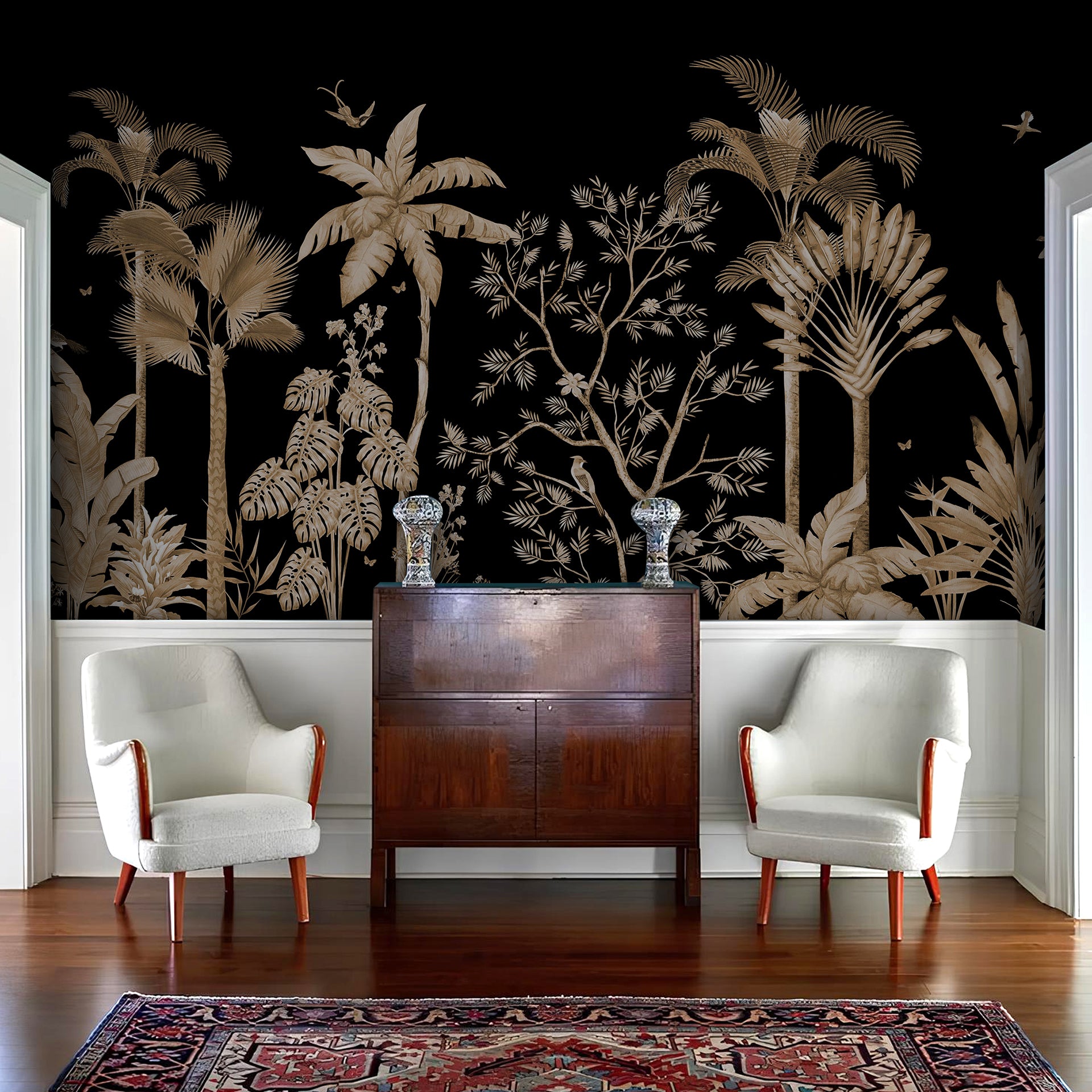 Golden Tropical: Elegant Tropical  in Golden Hues on Black Background