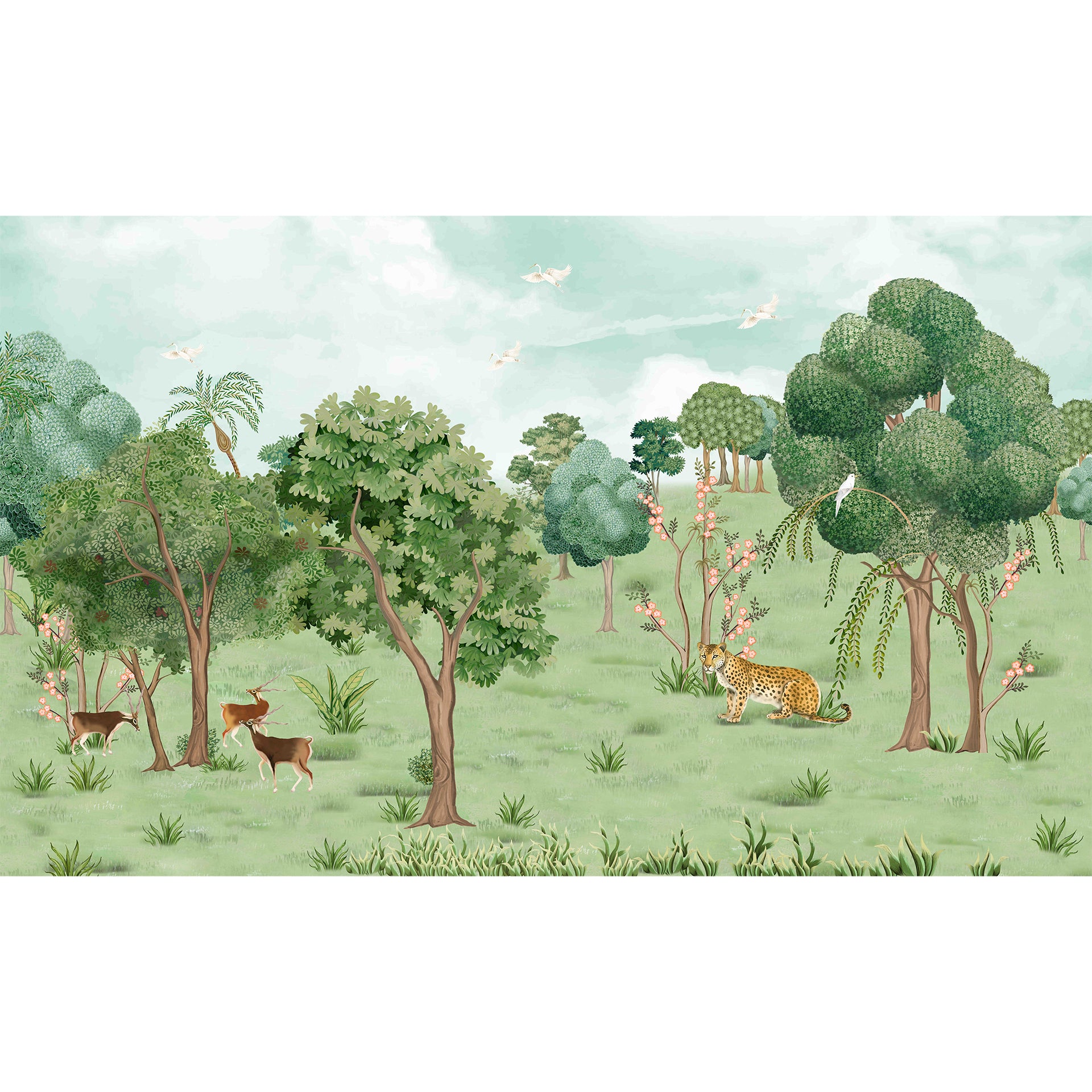Majestic Landscape: Illustration of Jungle Scene with Wildlife, Lush Trees, and Calm Sky