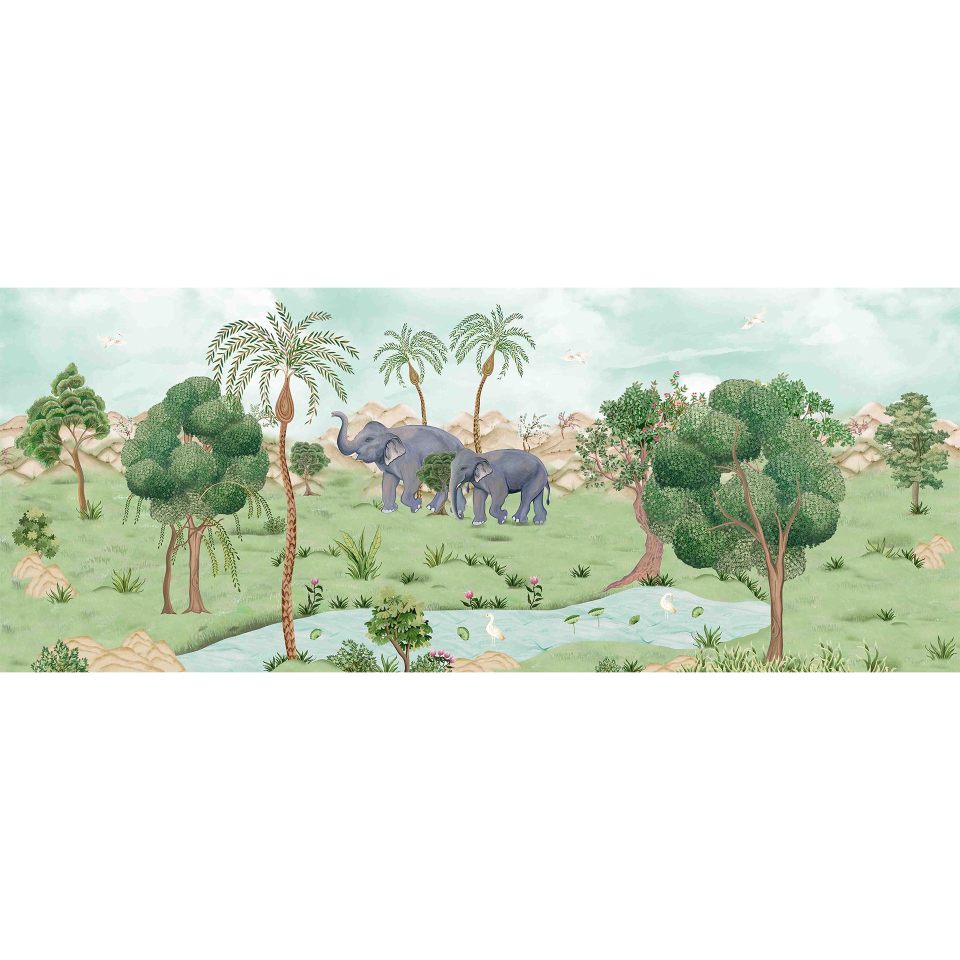 Elegant Tuskers: Elegant Watercolor Scene with Elephants in Lush Tropical Landscape Near a Stream