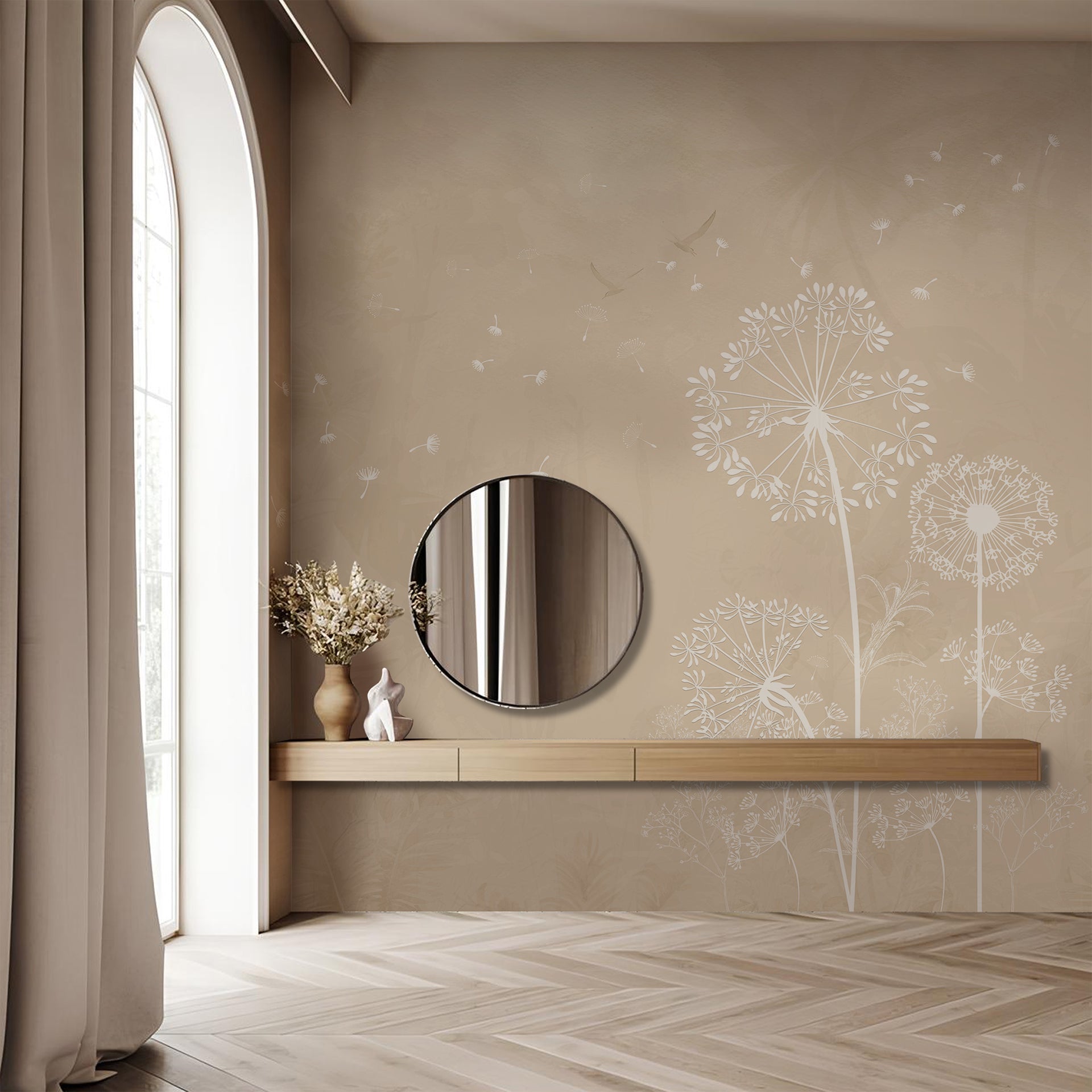 Delicate Dandelions: White Silhouettes on a Soft Beige Minimalist Background