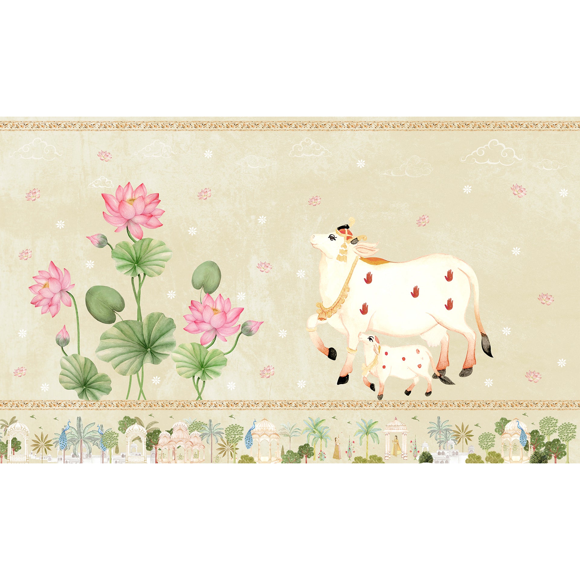 The Sacred Nandi: Hand-painted mural featuring a nandi and calf beside blooming pink lotuses