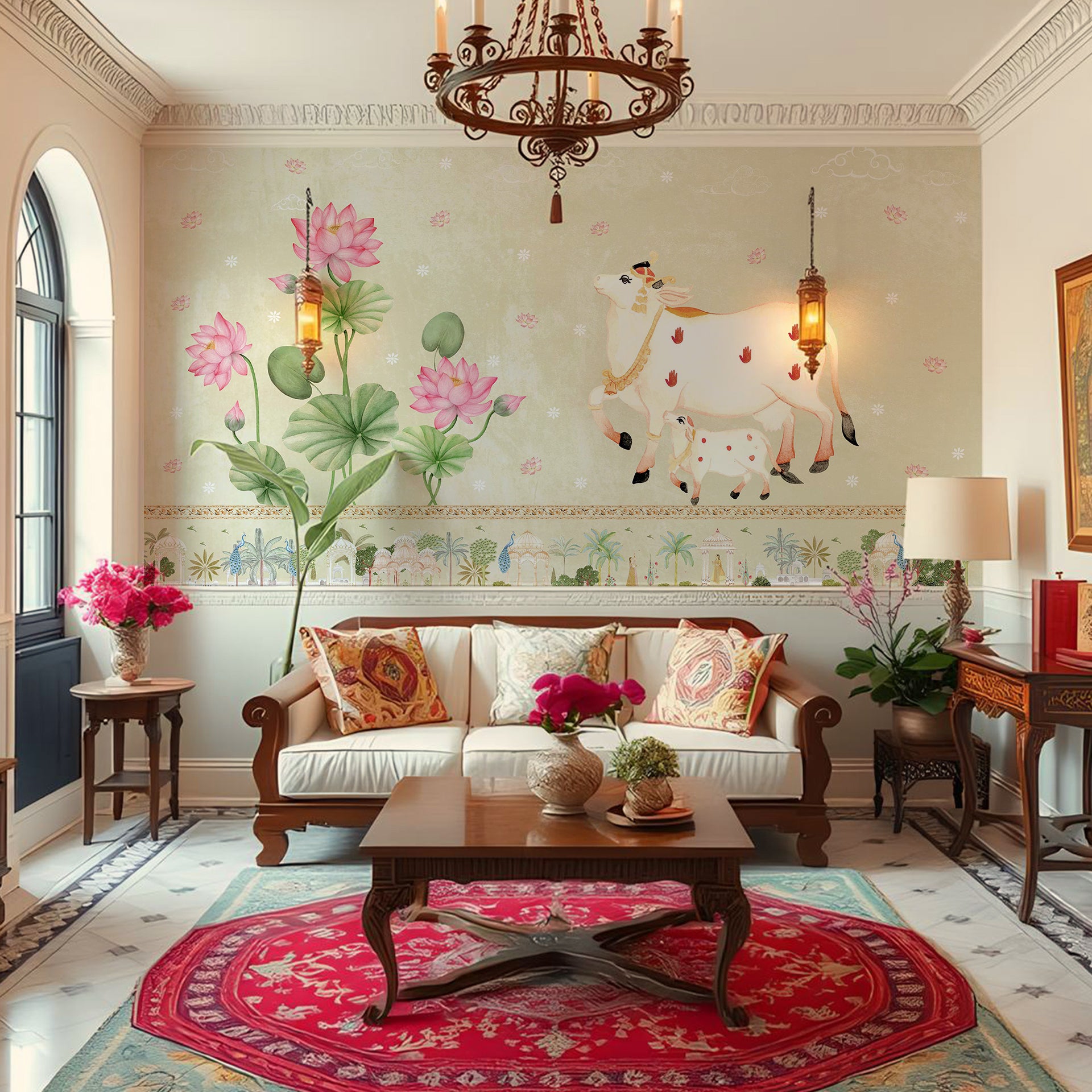 The Sacred Nandi: Hand-painted mural featuring a nandi and calf beside blooming pink lotuses