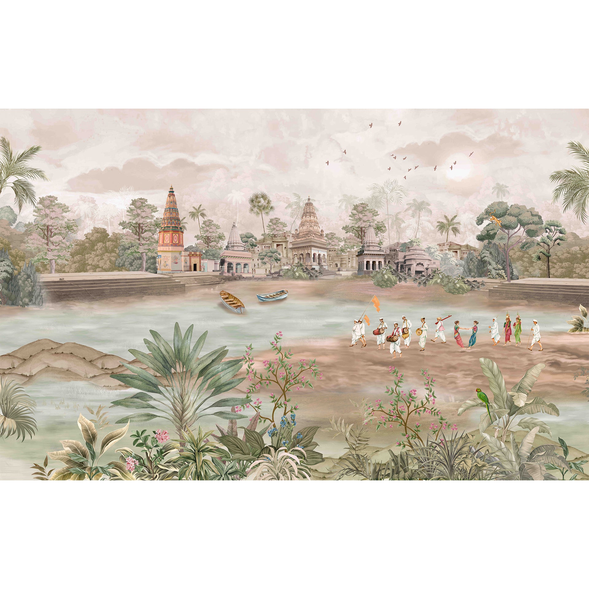 Pandharpur-Yatra: Serene Riverside Wallpaper With Temples, Pilgrims, and Lush Tropical Flora