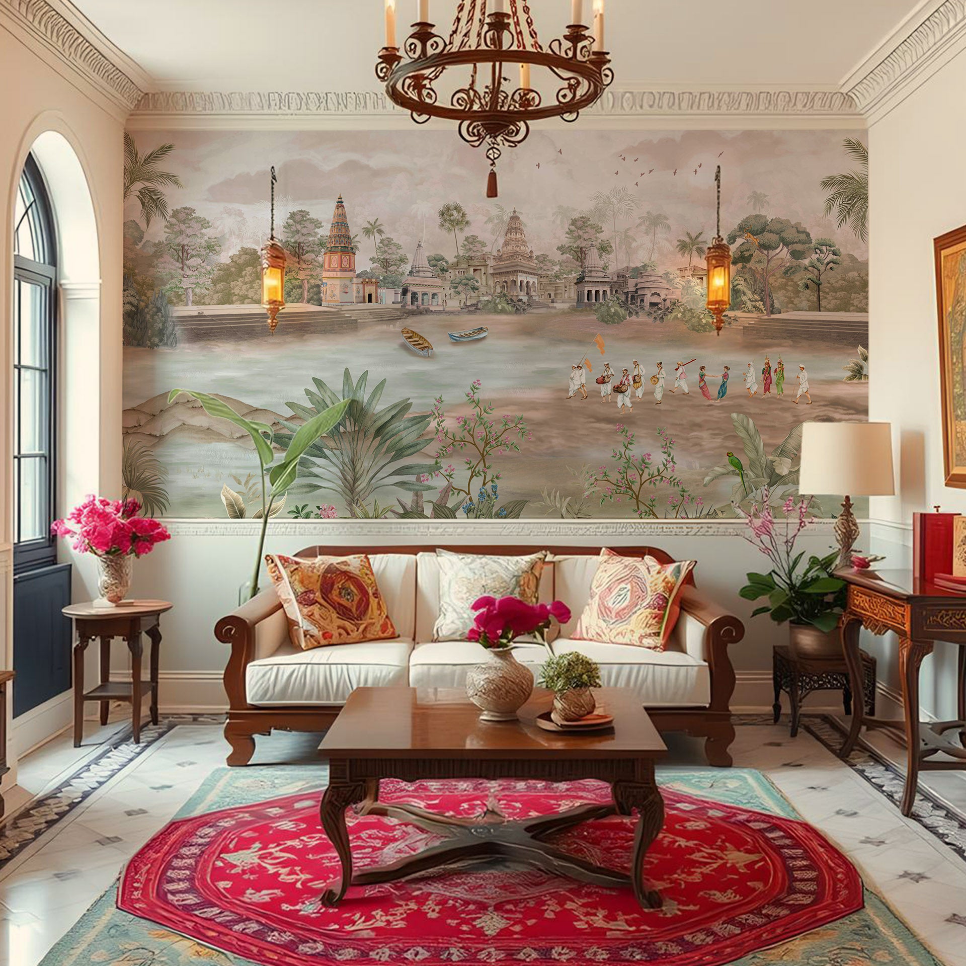 Pandharpur-Yatra: Serene Riverside Wallpaper With Temples, Pilgrims, and Lush Tropical Flora