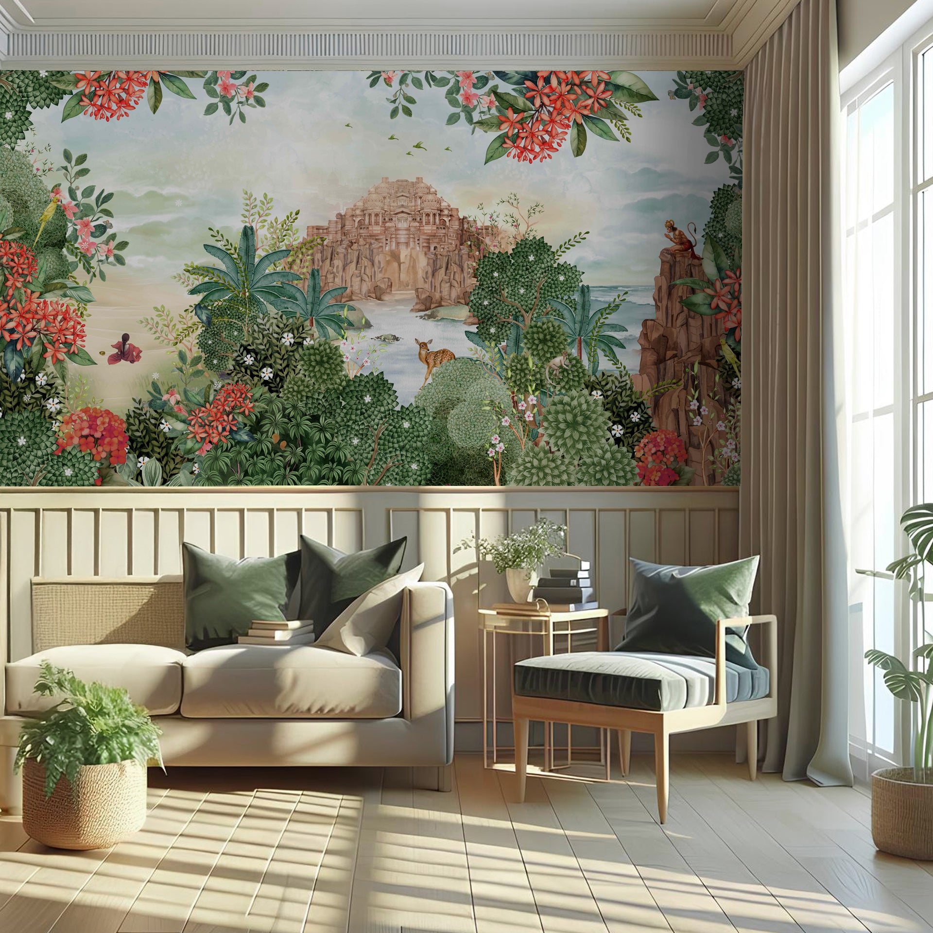 Divine-Canopy-A serene hand-illustrated landscape featuring Sita in Ashok Vatika