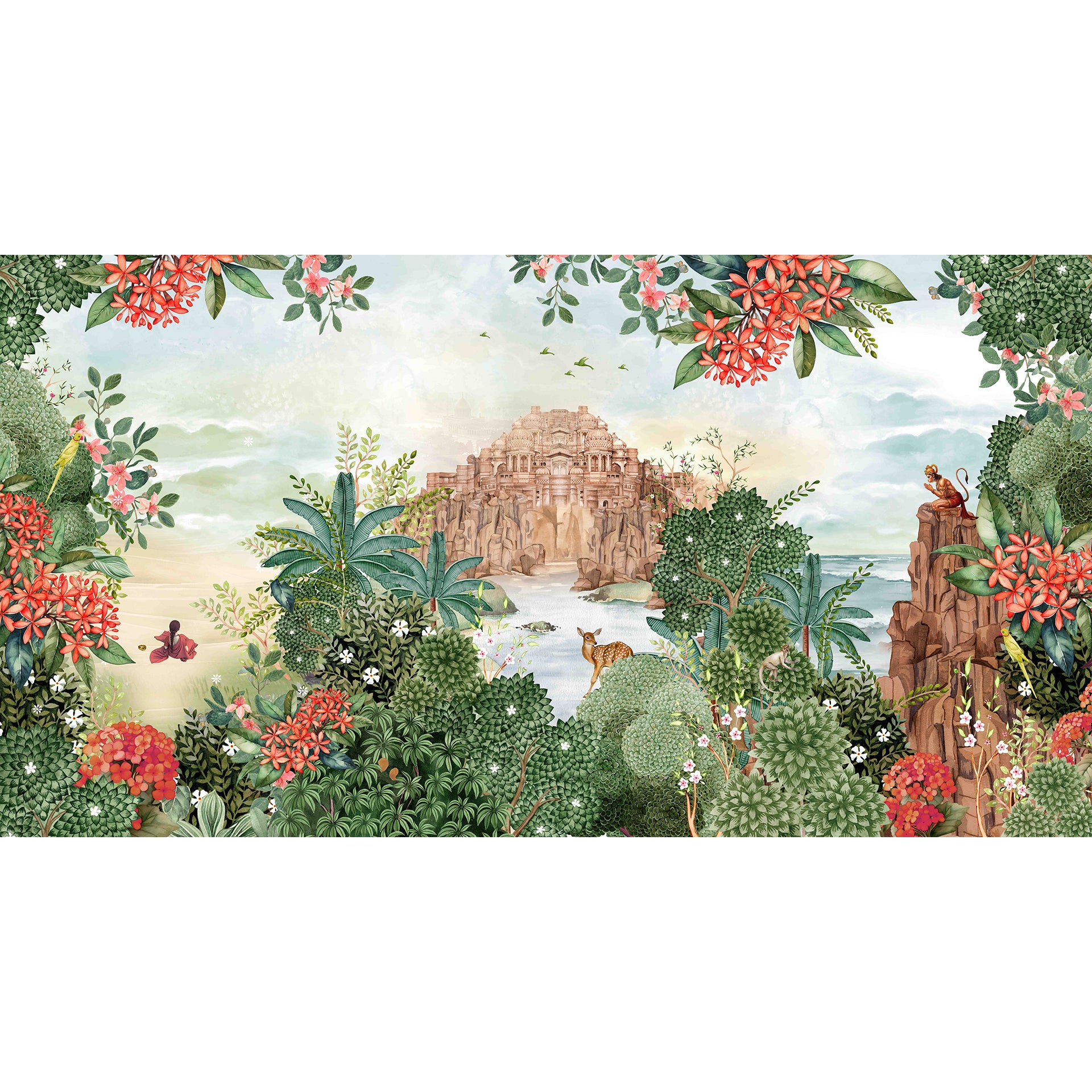 Divine-Canopy-A serene hand-illustrated landscape featuring Sita in Ashok Vatika