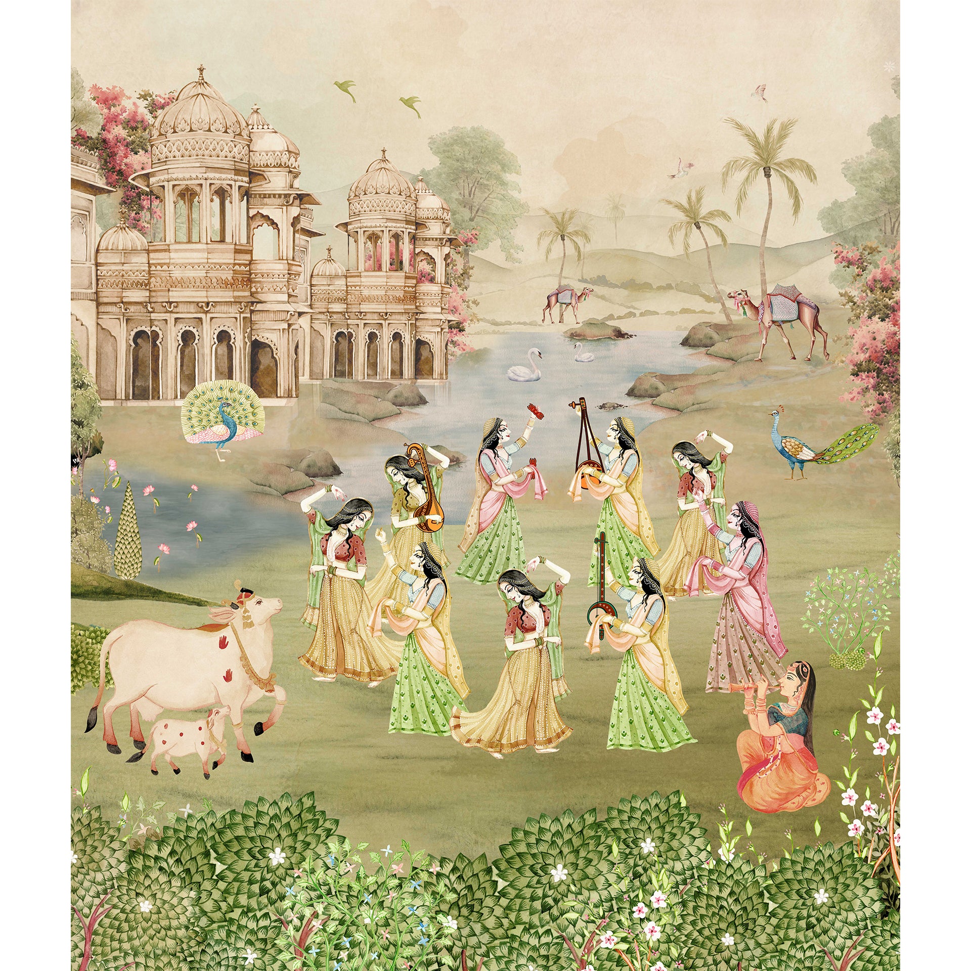 Musical Pichwai: Beautiful Pichwai with Gopis, Musical Instruments, in Vrindavan