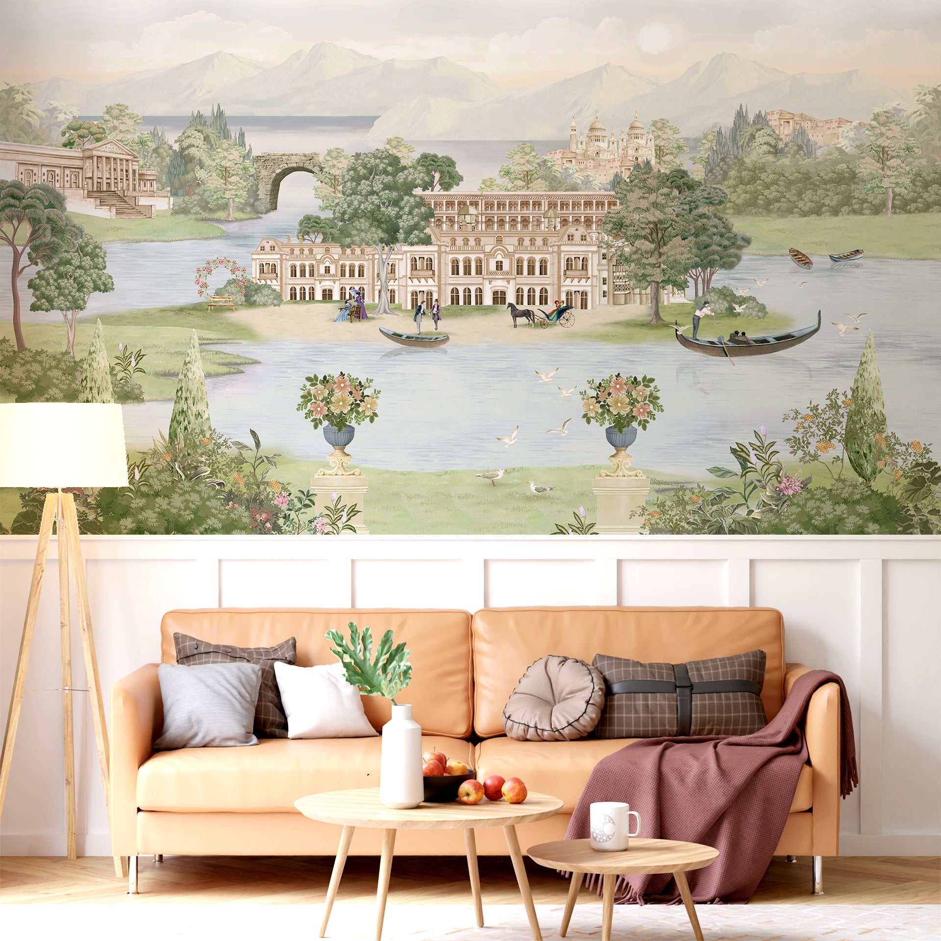 Island of Calm: A serene view of a grand palace situated on a quiet island