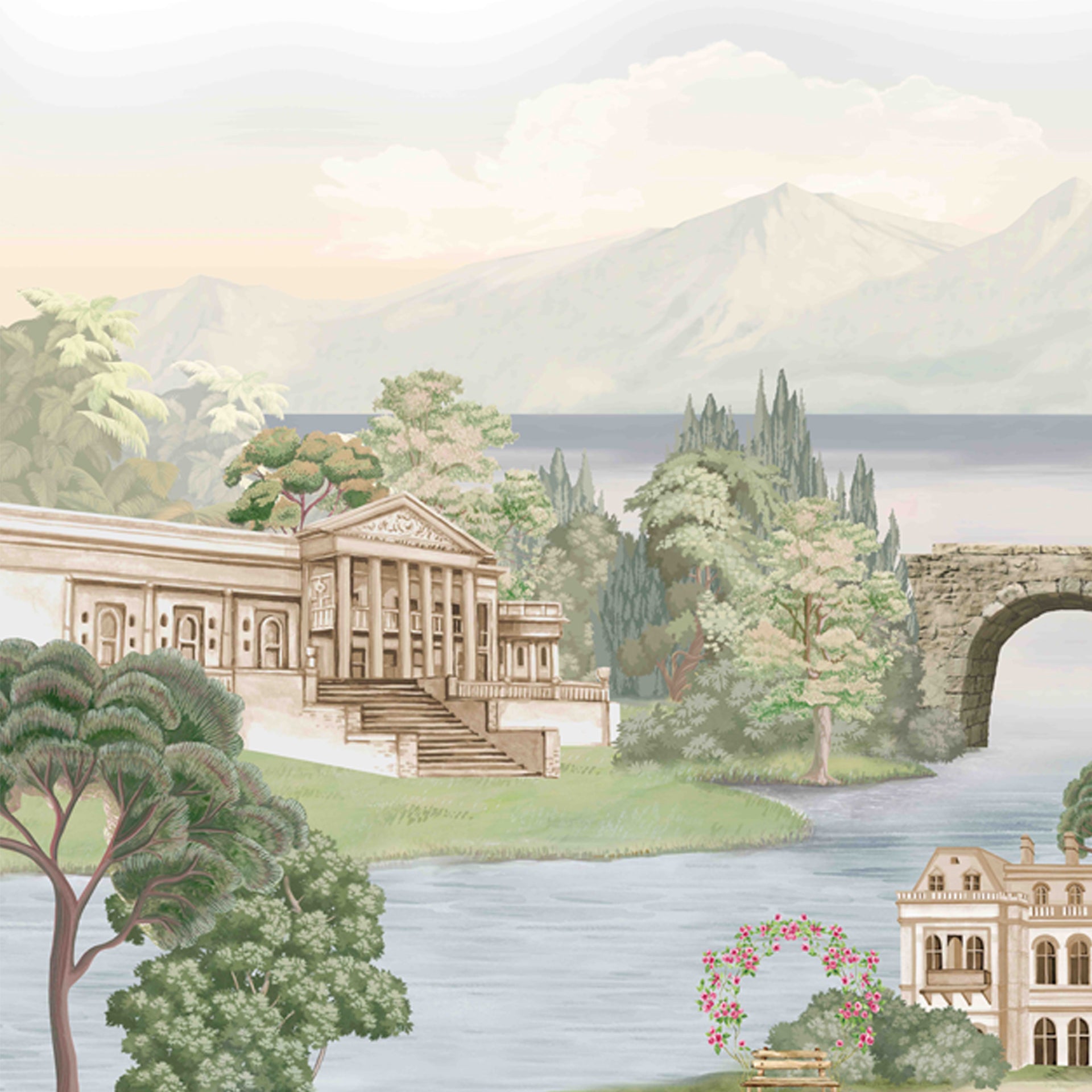 Island of Calm: A serene view of a grand palace situated on a quiet island
