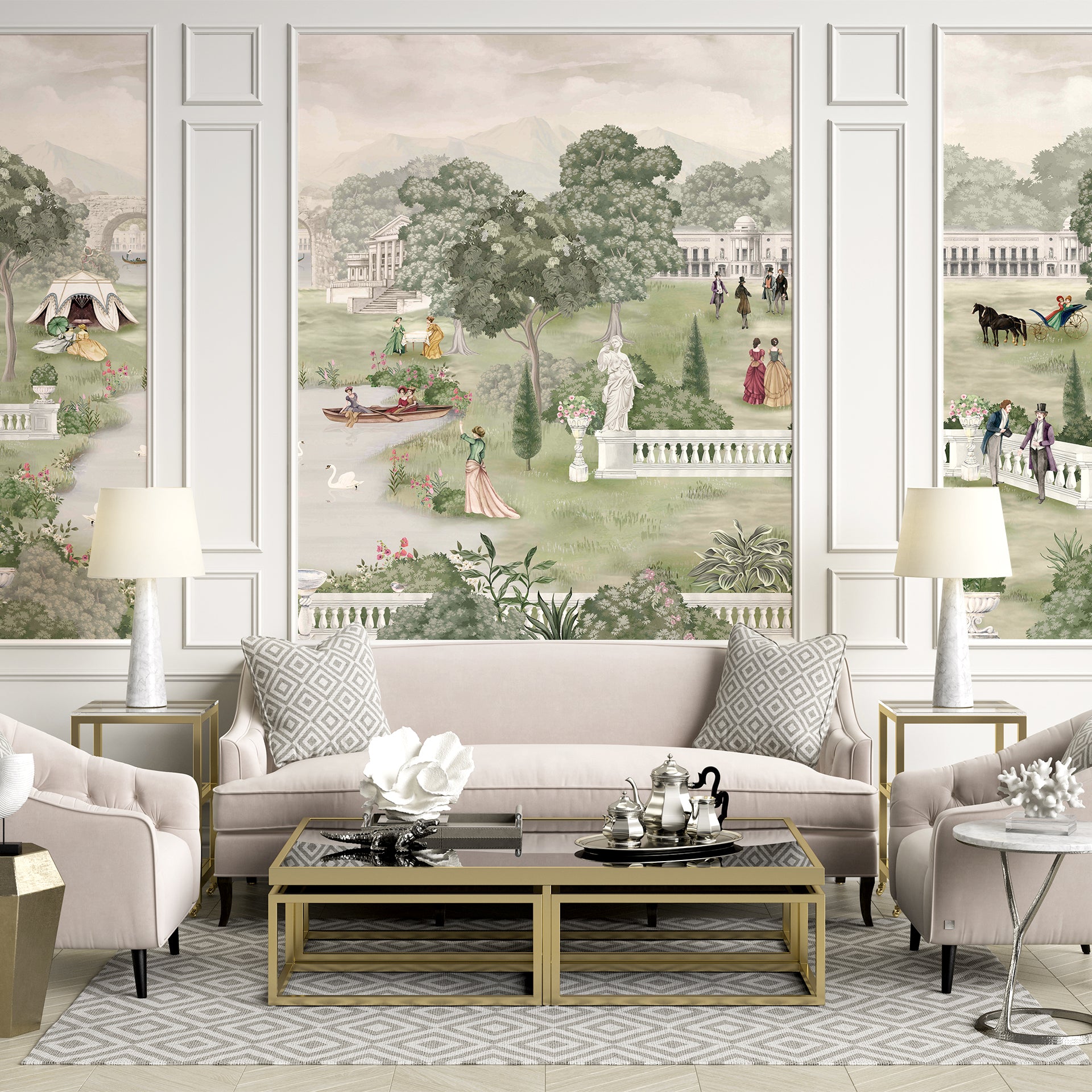 Summer Palace: A nostalgic glimpse of elegant figures wandering through sunlit palace