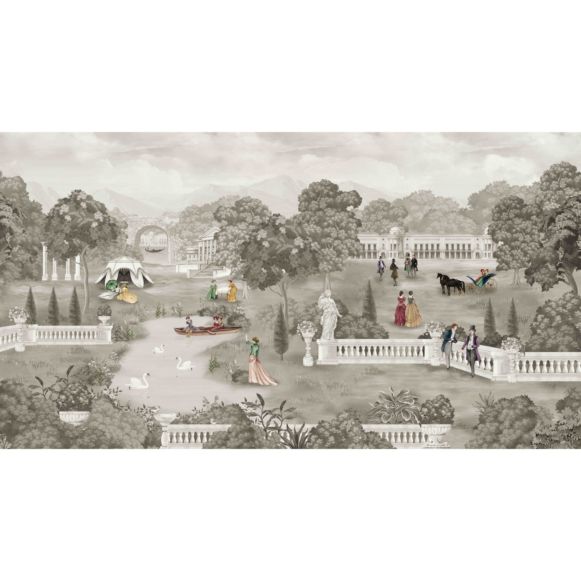 Summer Palace Sepia: Illustration of People in a Historical Garden Landscape With Statues and Carriages