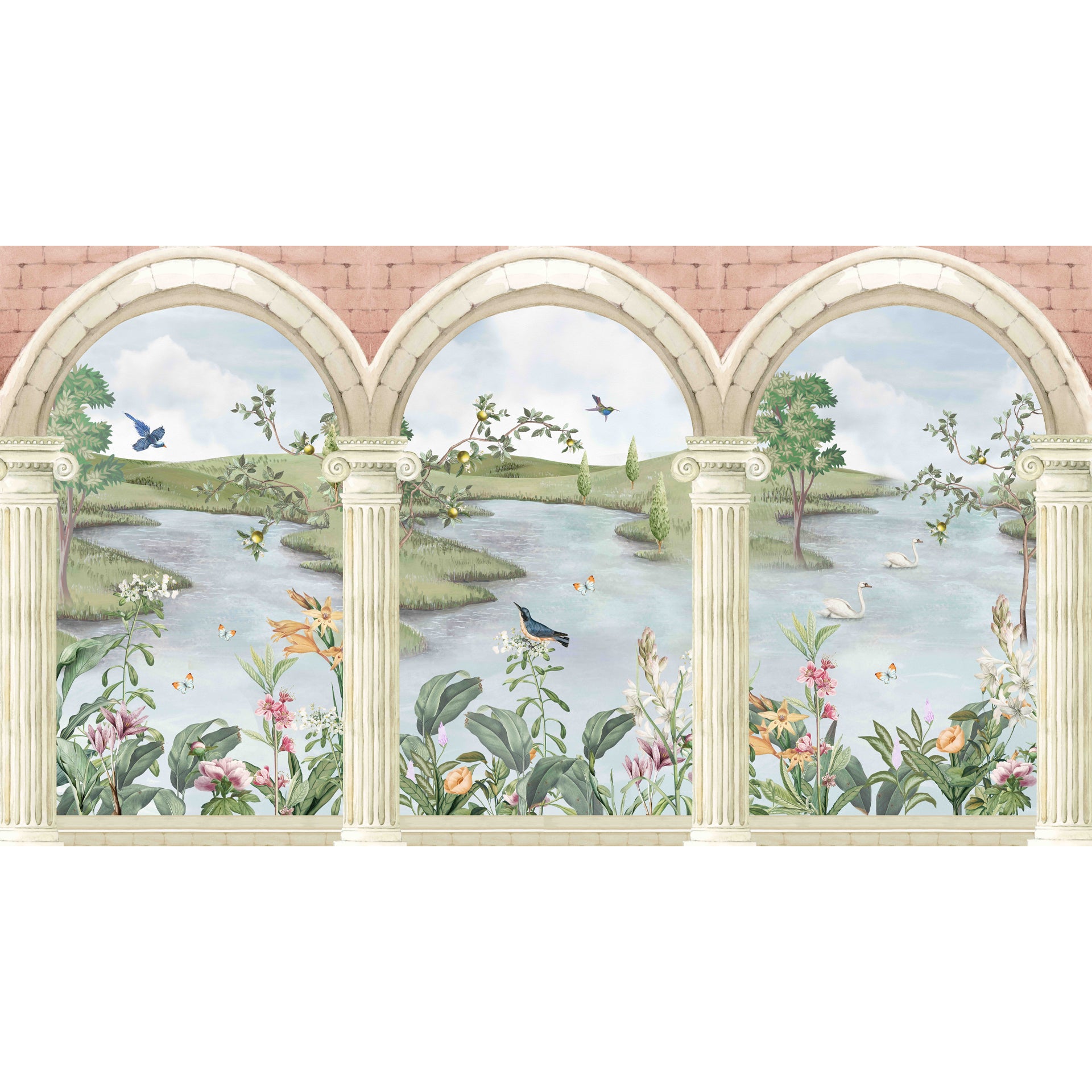 Beyond the Arch: Intricately carved English arches open to a peaceful scene of a flowing river