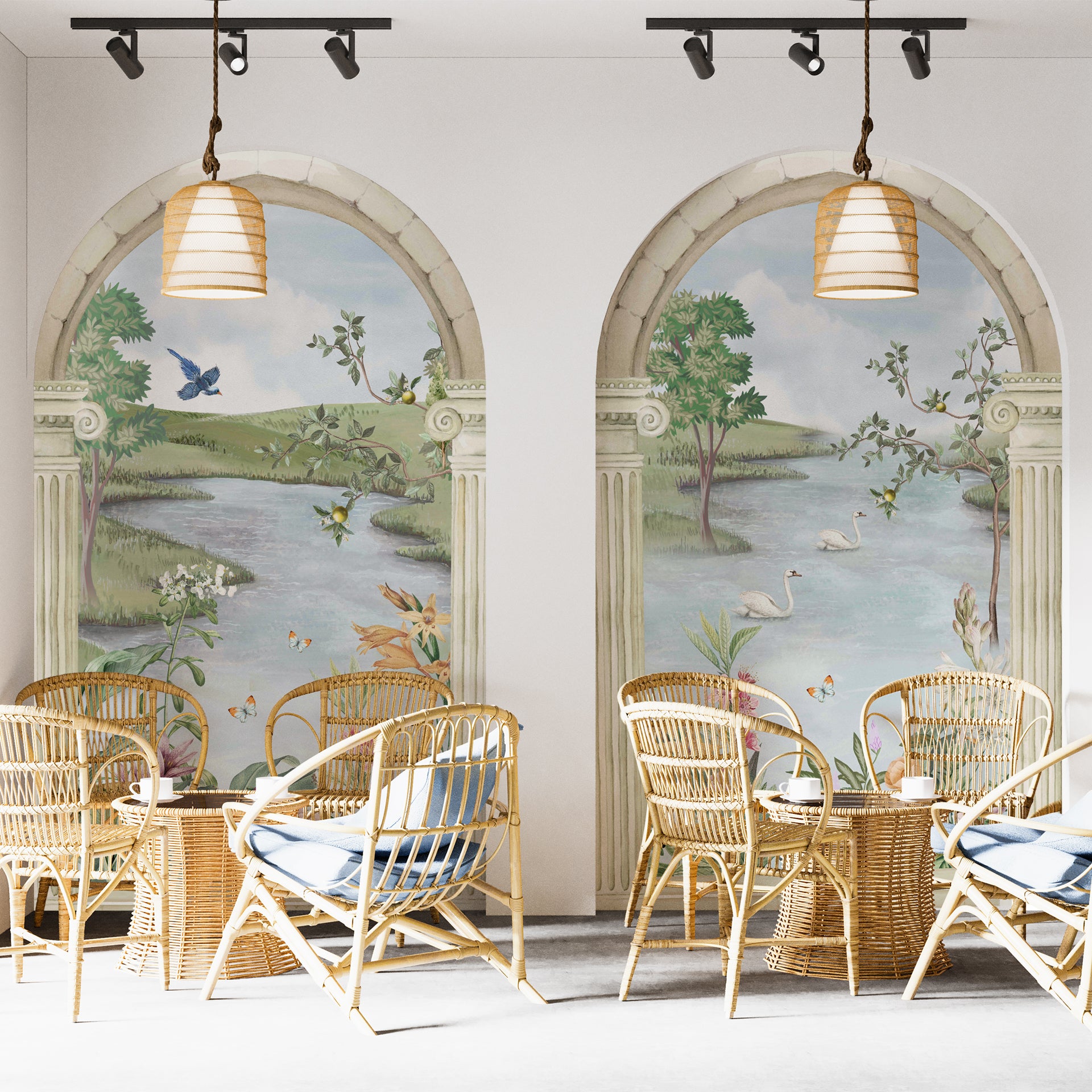 Beyond the Arch: Intricately carved English arches open to a peaceful scene of a flowing river