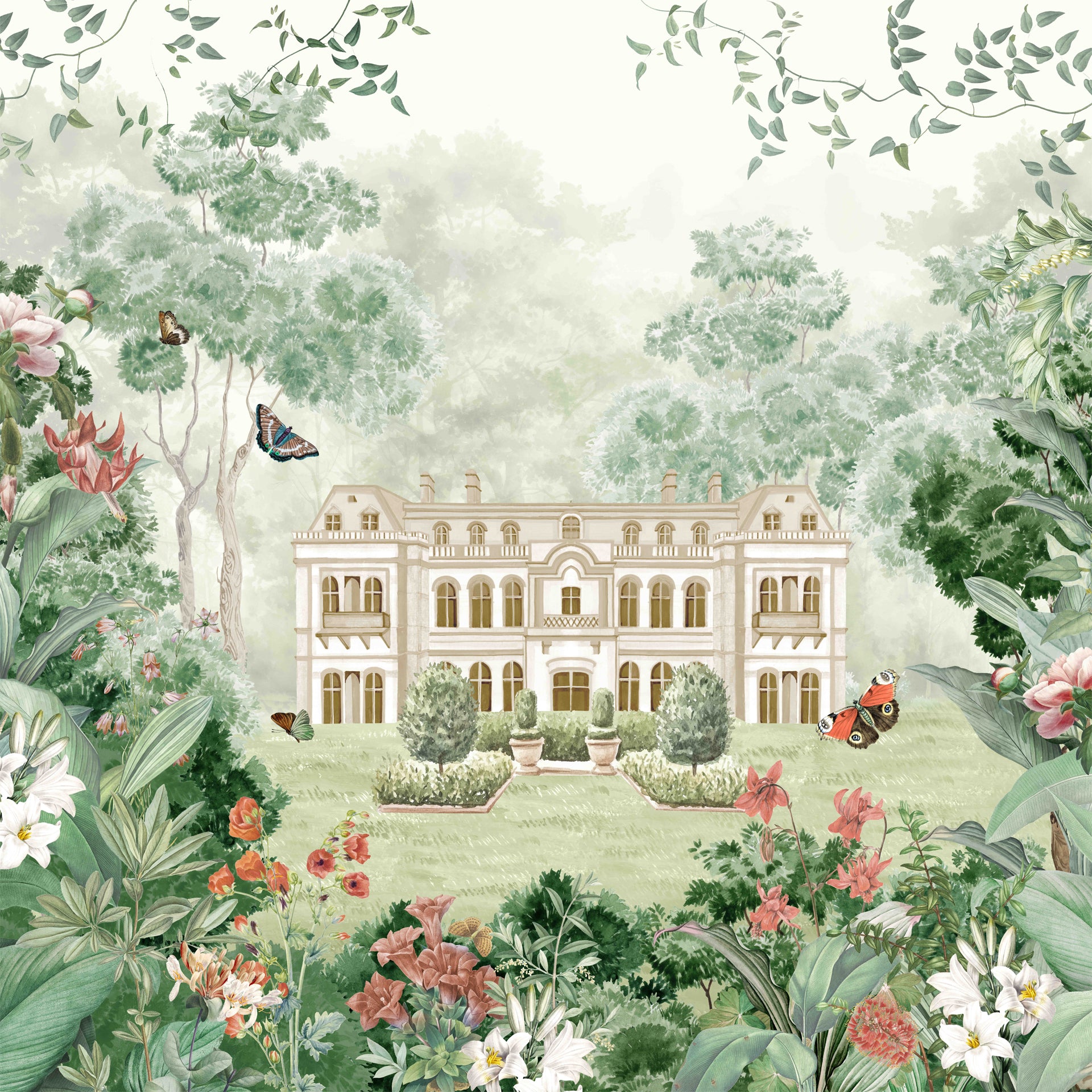 Forest Manor: An English palace stands quietly in the heart of a forest, surrounded by
untamed wildflowers