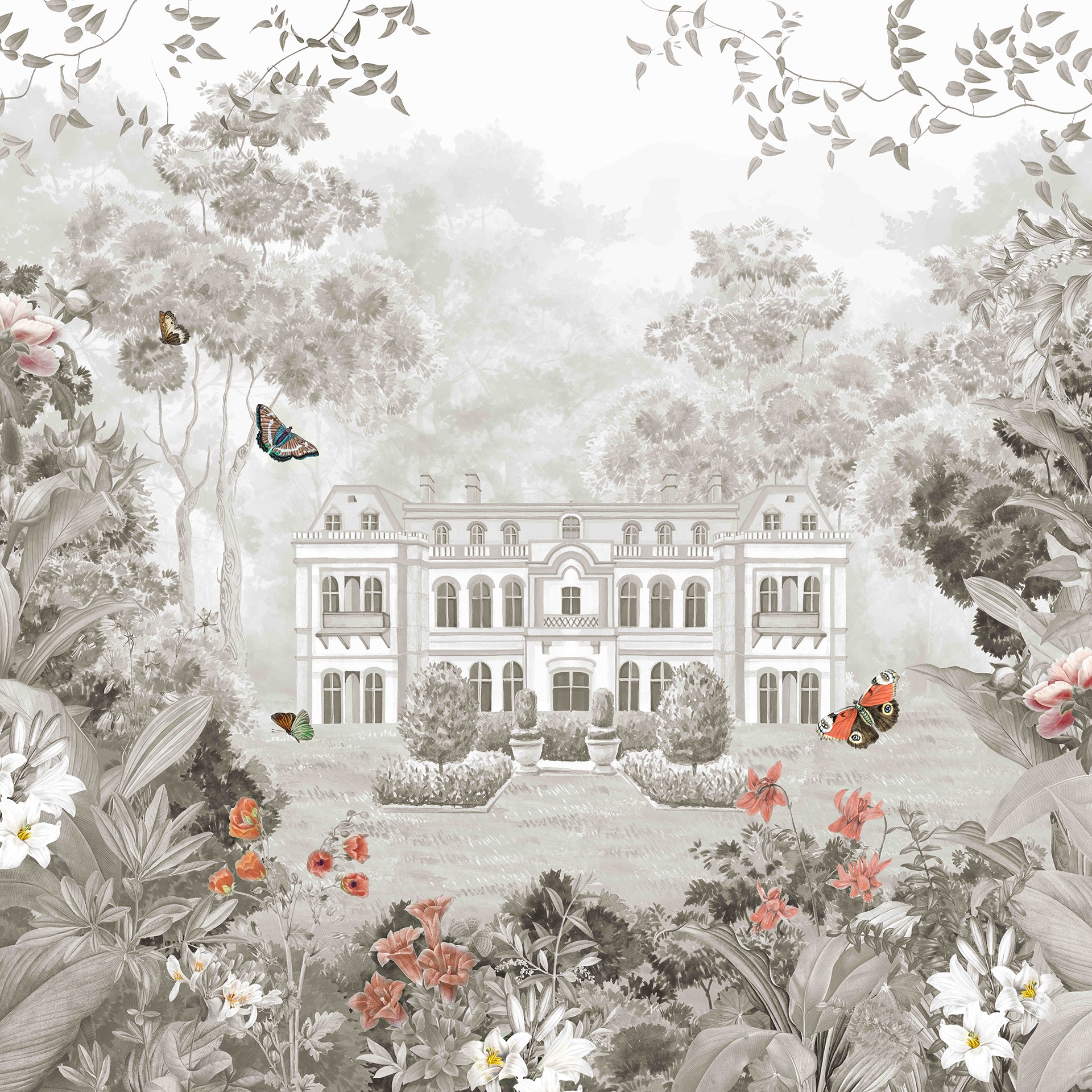 Forest Manor: Elegant Manor Surrounded by Lush Garden and Forest in Sepia Tones