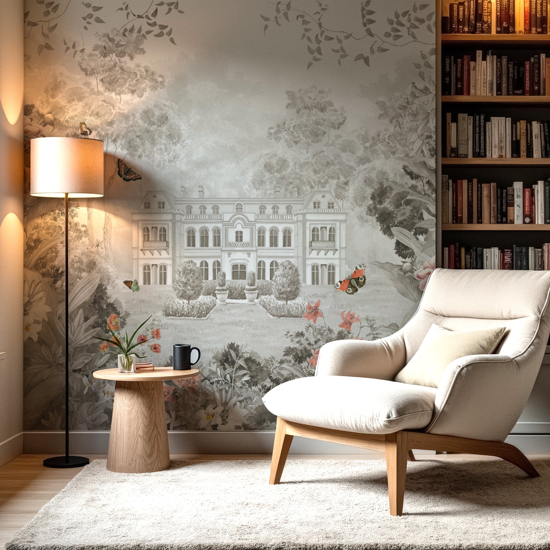 Forest Manor: Elegant Manor Surrounded by Lush Garden and Forest in Sepia Tones