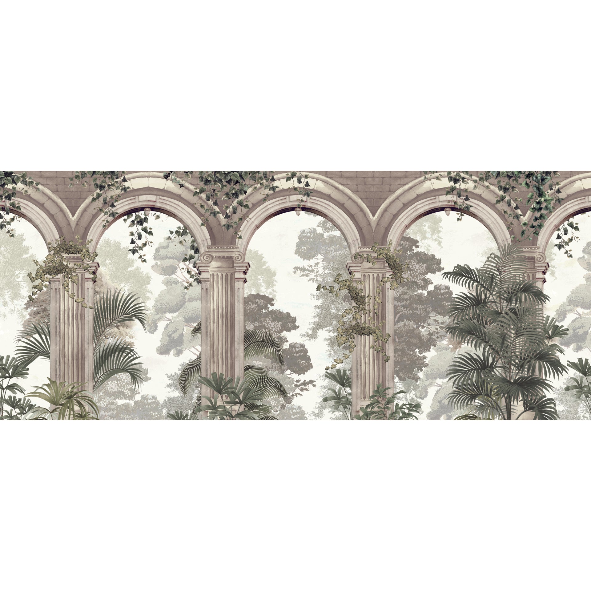 Tangled in Time: Classical Stone Arches Amidst Lush Greenery and Tropical Foliage