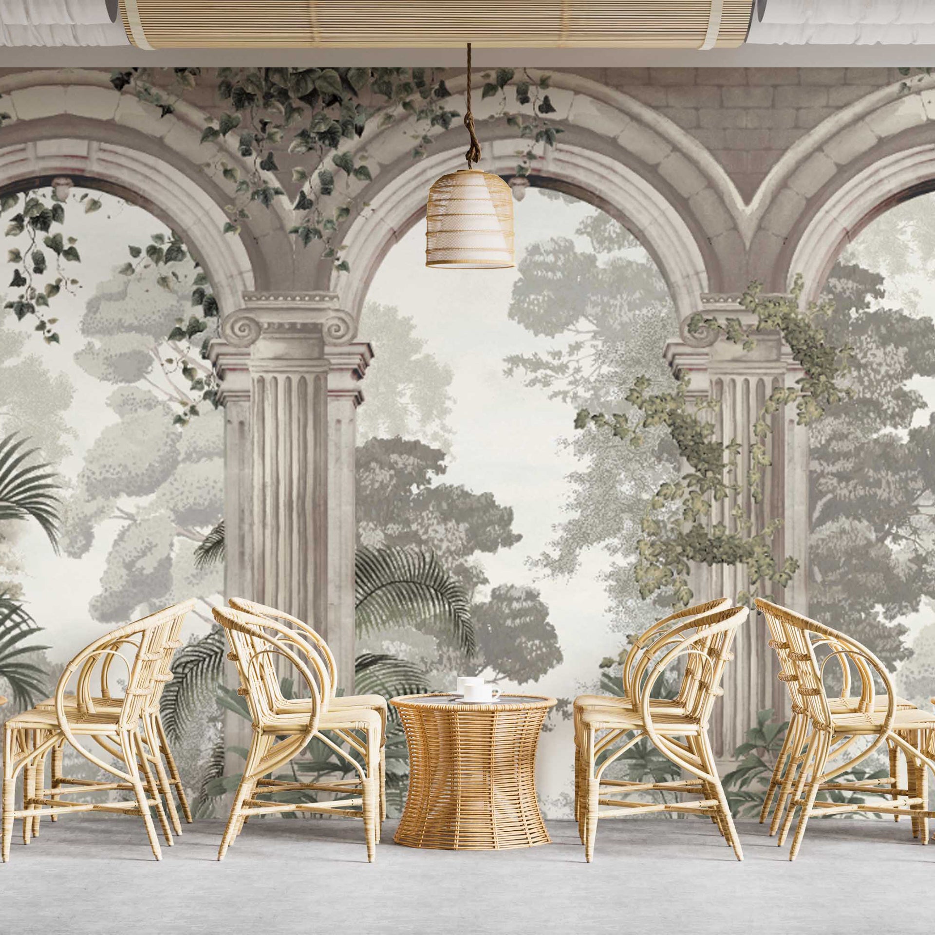 Tangled in Time: Classical Stone Arches Amidst Lush Greenery and Tropical Foliage
